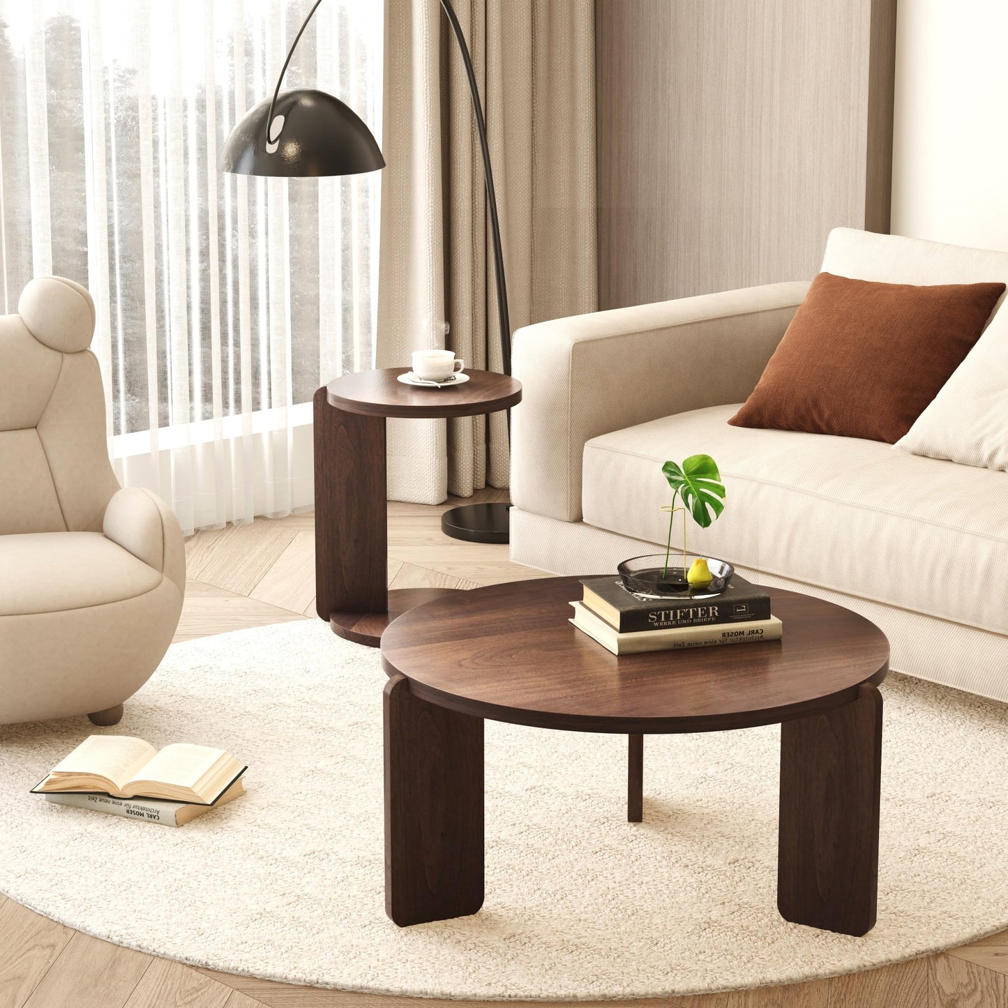 Set of 2 Round Nesting Tables - Multi-Purpose Home Furniture Ideal for Small Spaces, Functional as Living Room Coffee Table, Bedroom Night Stand, Dining Room Side Table, Sofa End Table (Walnut B)