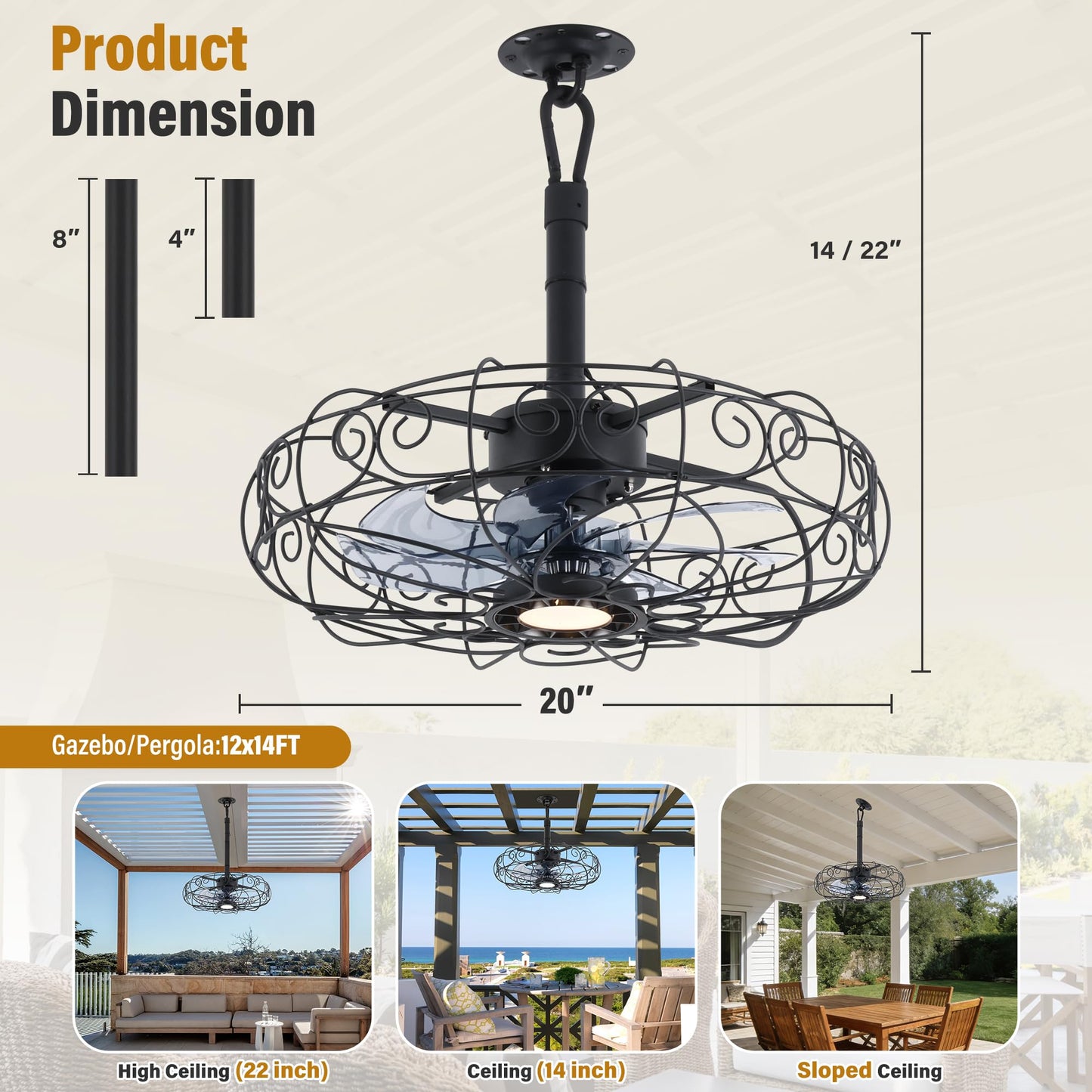 Kuailkag Waterproof Gazebo Fan 20-Inches,Outdoor Ceiling Fan with Light and Remote,APP,3CCT 6-Speeds Plug-in Patio Fans for Outside Porch Pergola(Black)
