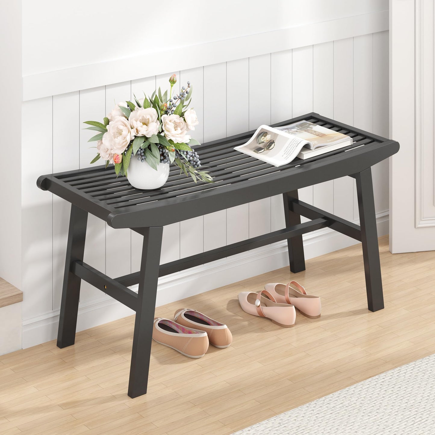 Bamboo Dining Bench Indoor Long Bench Sturdy & Comfortable Indoor Storage Bench Durable Slat Woven Design Modern Entryway Seating for Hallway (Black, 1 Tier)