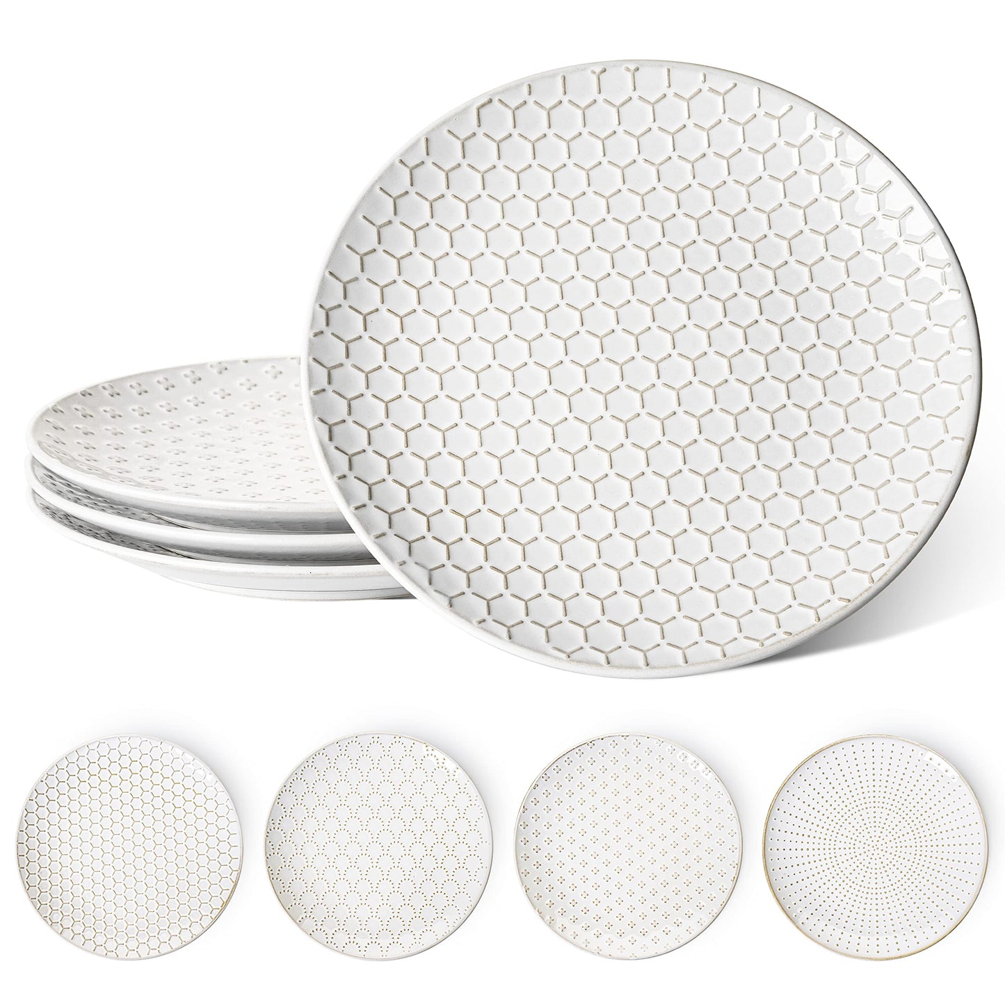 LE TAUCI 10 Inch Ceramic Dinner Plates Set of 4, Large Embossed Plate Set for Kitchen, Microwave & Dishwasher Safe Dinnerware Sets, Modern White Serving Dishes for Pasta, Steak - Arctic White