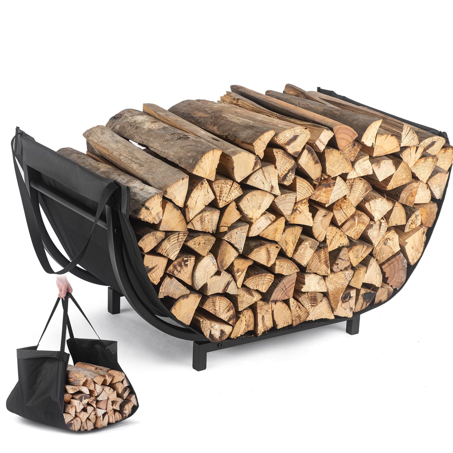 facka Curved Firewood Rack, Indoor Outdoor Log Firewood Holder, Metal Fireplace Wood Storage, Waterproof & Rustproof(Curved 30Inch Rack with Bag)
