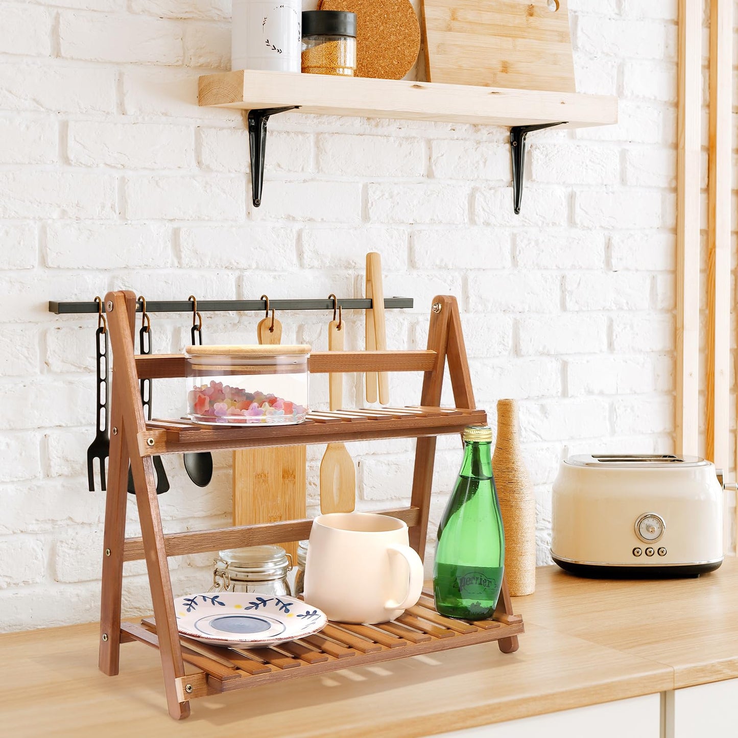 HCEWSBFD 14.6"/18.5" 2 Tiers Bamboo Plant Stand Shelf Wicker-Look Coffee Station Organizer Matcha Station Shelf Bamboo Mug Holder Countertop Kitchen Shelfs Condiment for Office Decorate Storage Rack