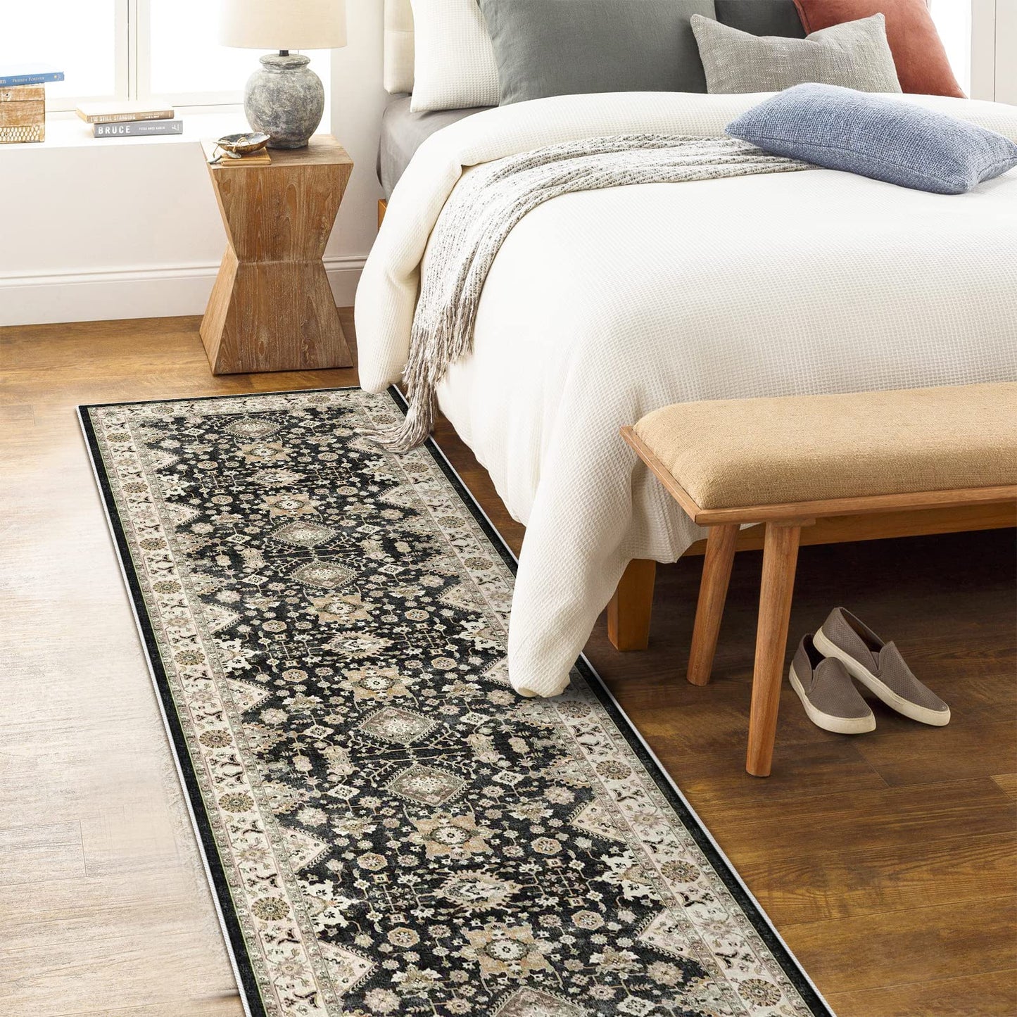 Washable Hallway Runner Rug 2x10: Non Slip Runner Rugs with Rubber Backing Soft Kitchen Rug Farmhouse Distressed Carpet for Living Room Bedroom Bathroom (Black, 2X10)
