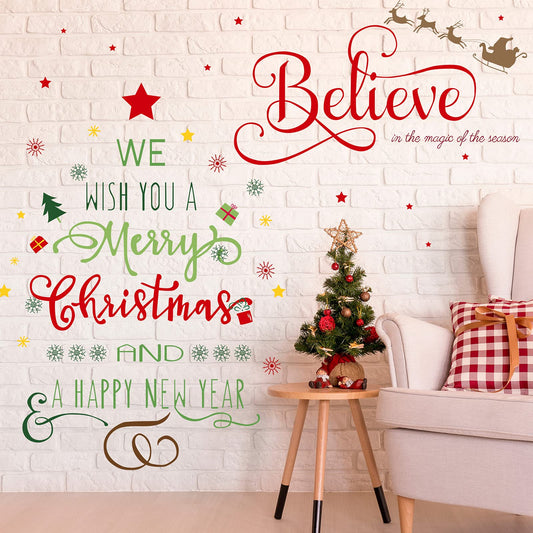 Outus Happy New Year Decal Stickers Believe Quotes Wall Decals Reindeer Christmas Tree Wall Art Decals Decor Removable Modern for New Year Party Supplies Home Window Decor
