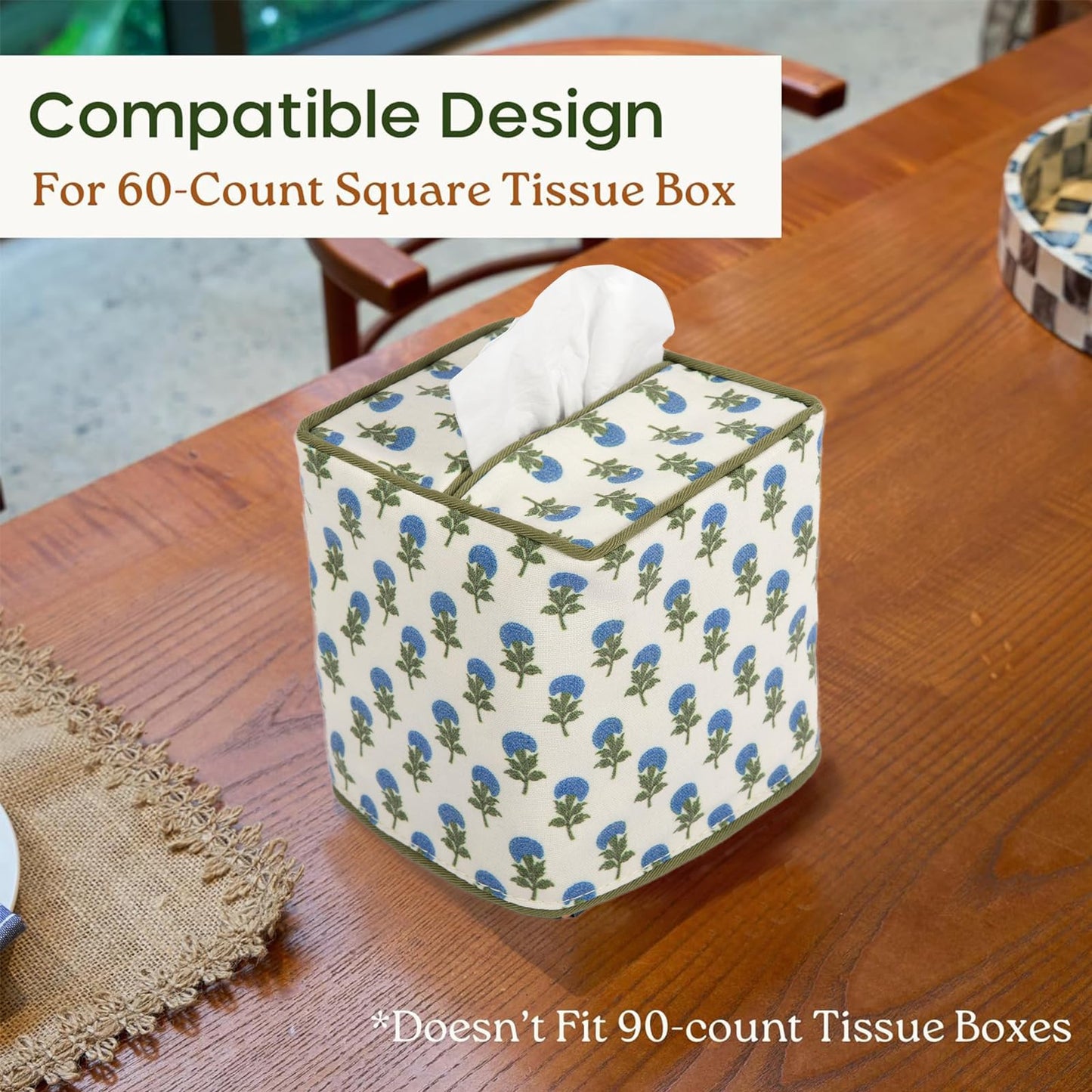 3Pcs Blue Flower Cotton Tissue Box Cover Hand Block Printed 5" x 5" x 5.5" Square Soft Reusable Floral Napkin Holder for Home Kitchen Dining Bathroom Office Cafe (Blue)
