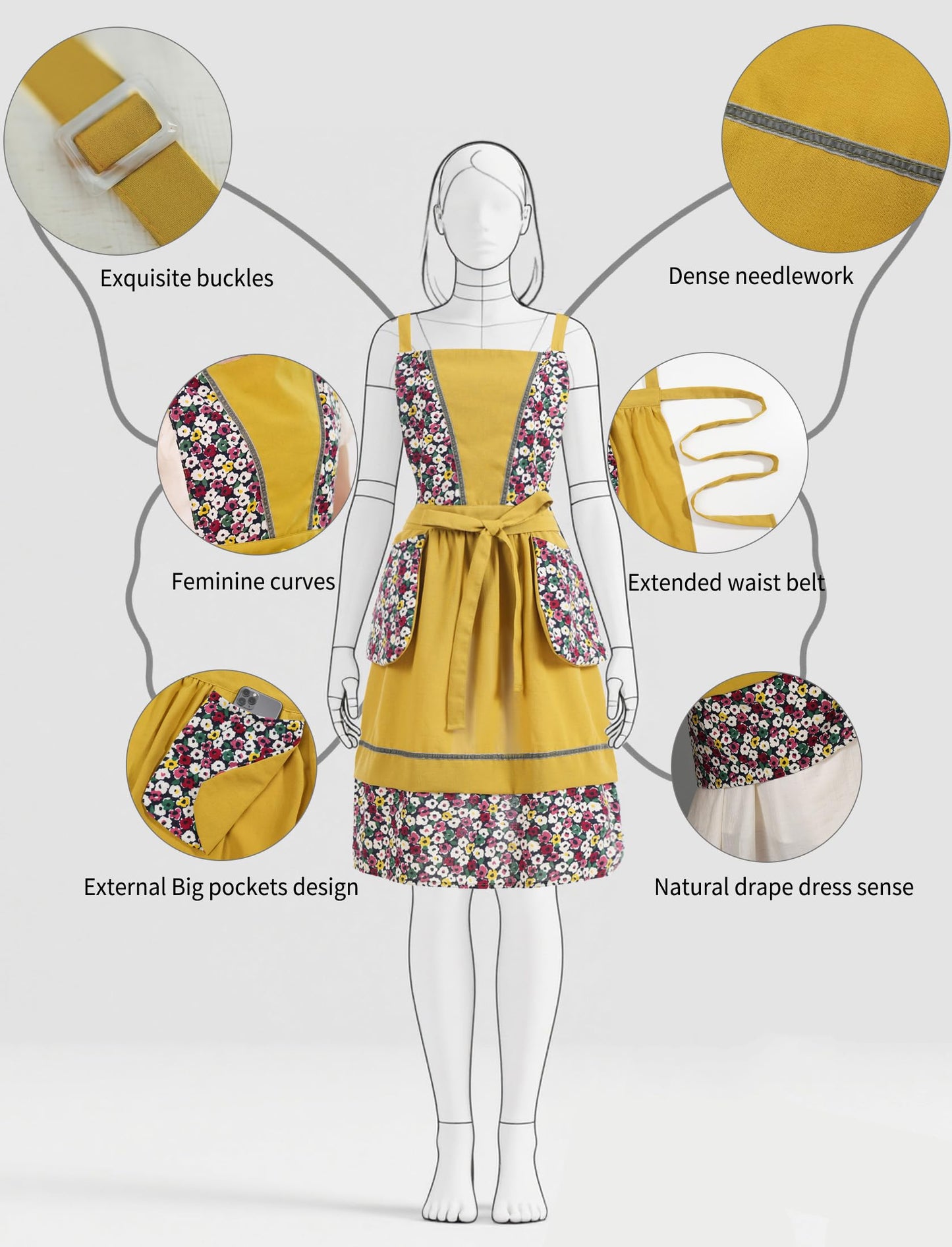 Pinknoke Kitchen Aprons for Women with Pockets Cute Floral Chef Pinafore Apron for Gardening Cooking Baking Painting (Mustard)