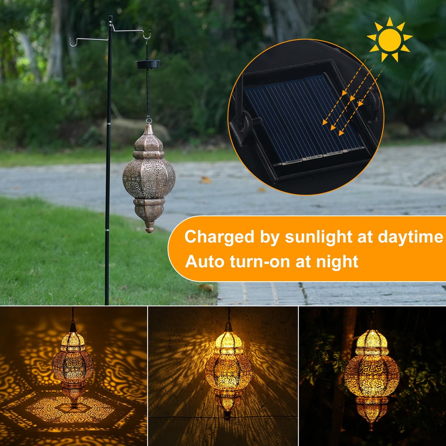 Hanging Solar Lights, Outdoor Decor Solar Lantern, Waterproof Metal Moroccan Lantern for Outside Patio Pathway Yard Front Porch Backyard Garden Decorative (1 Pack)
