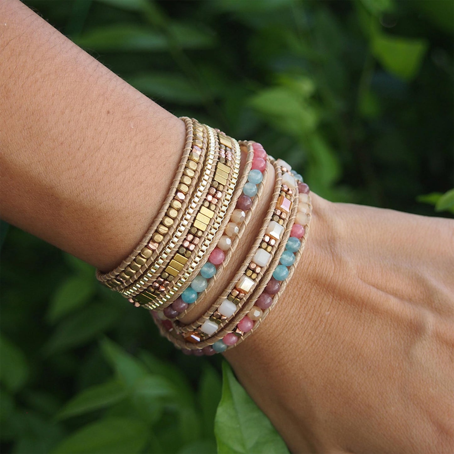 Plumiss Women Boho 5 Wraps Stone Crystal Bracelets Handmade Beaded Statement Stainless Steel Box Chain Bracelet Jewelry