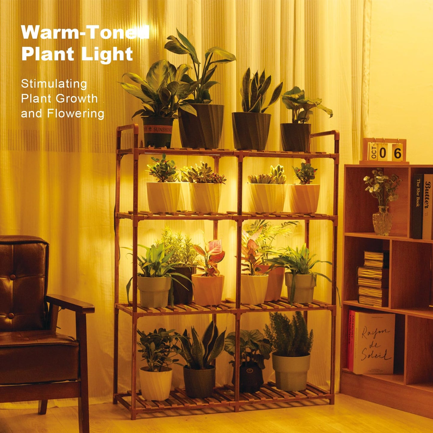 UYEENGY 4-Tier Wooden Plant Stand with LED Grow Lights - Adjustable Shelf for Indoor Plants, Living Room, Balcony - Dimmable & Space-Saving (Plants Not Included)