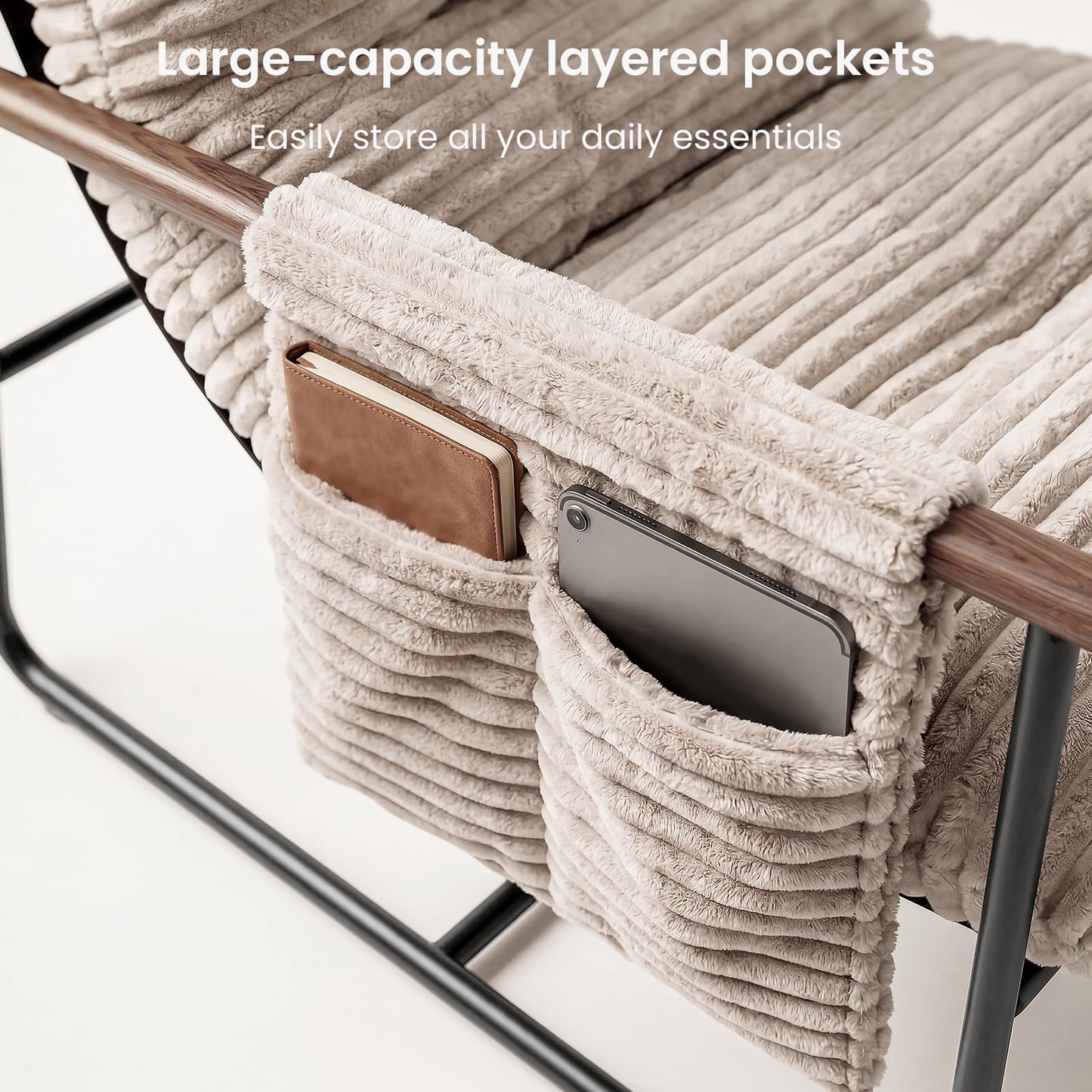 Comfy Accent Chair Modern Living Room Chair Cozy Lounge Chairs Oversized Armchair With Wood Armrests Sturdy Metal Frame Upholstered Reading Chair Soft Cushion sofa Chairs For Bedroom Balcony Porch