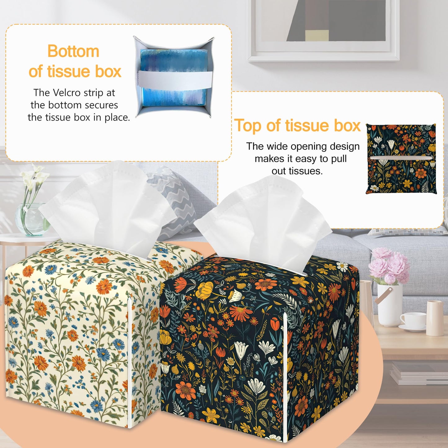 Wild Floral 2 Pcs Tissue Box Cover Square, Leather Tissue Box Holder for Bathroom Livingroom Bedroom, Spring Decorations Cube Tissue Holder