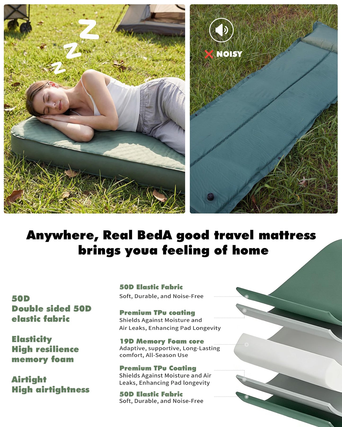 Self-Inflating Sleeping Pad With Electric Pump, 4" Ultra-Thick Memory Foam Camping Mattress For Tent Car Travel, Fast Inflation 20s, 9.5 R-Value 4-Season Insulated, Compact Portable Comfort