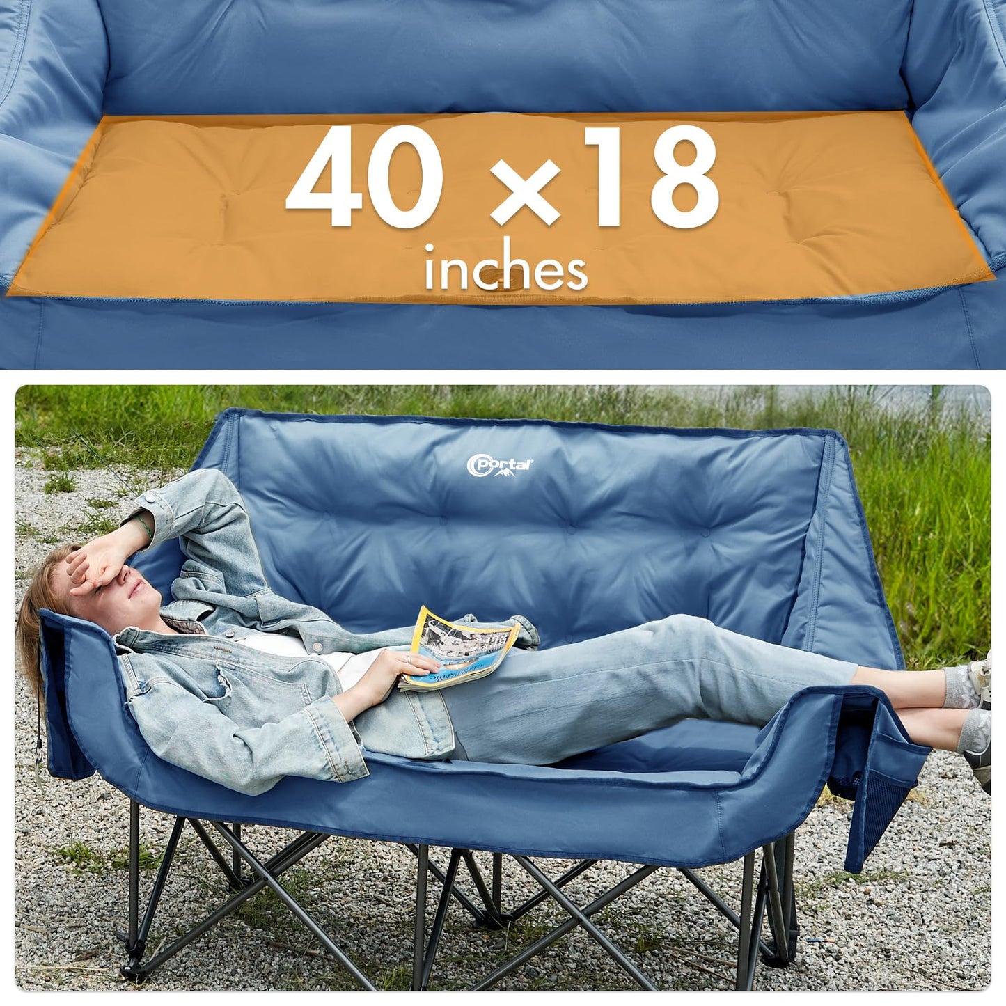 PORTAL Double Camping Chair, 2 Person Folding Loveseat for Adults, Padded Cushion Camp Lawn Love Seat with Side Pocket Portable Couch, Two Person Heavy Duty Wide Chairs with Cup Holder, 600 lbs