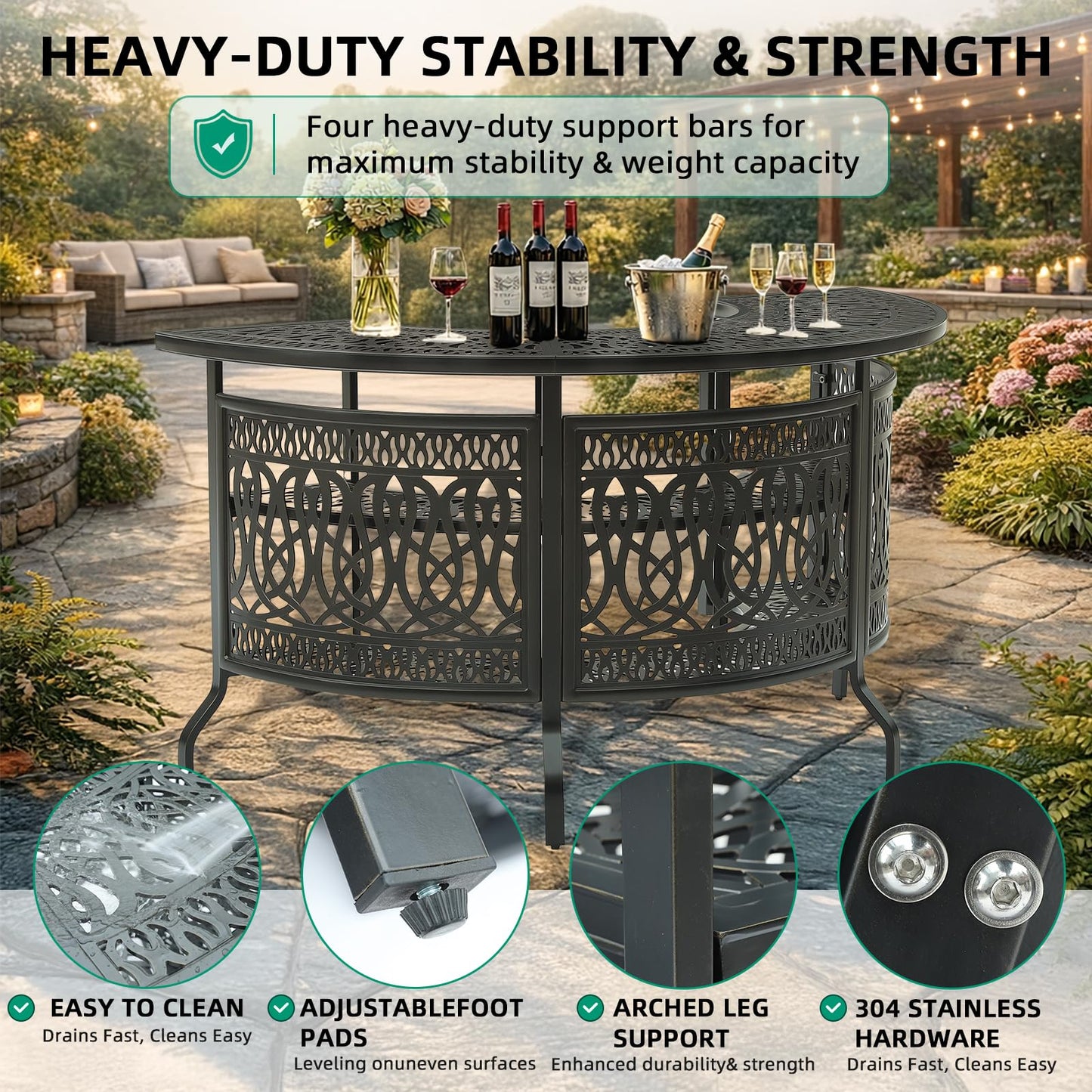 VIVIJASON 75" Large Outdoor Half Moon Bar Table, Heavy-Duty Cast Aluminum Patio Bar Unit with 2-Tier Storage Shelves, All-Weather Garden & Poolside Entertainment Station, Dark Bronze