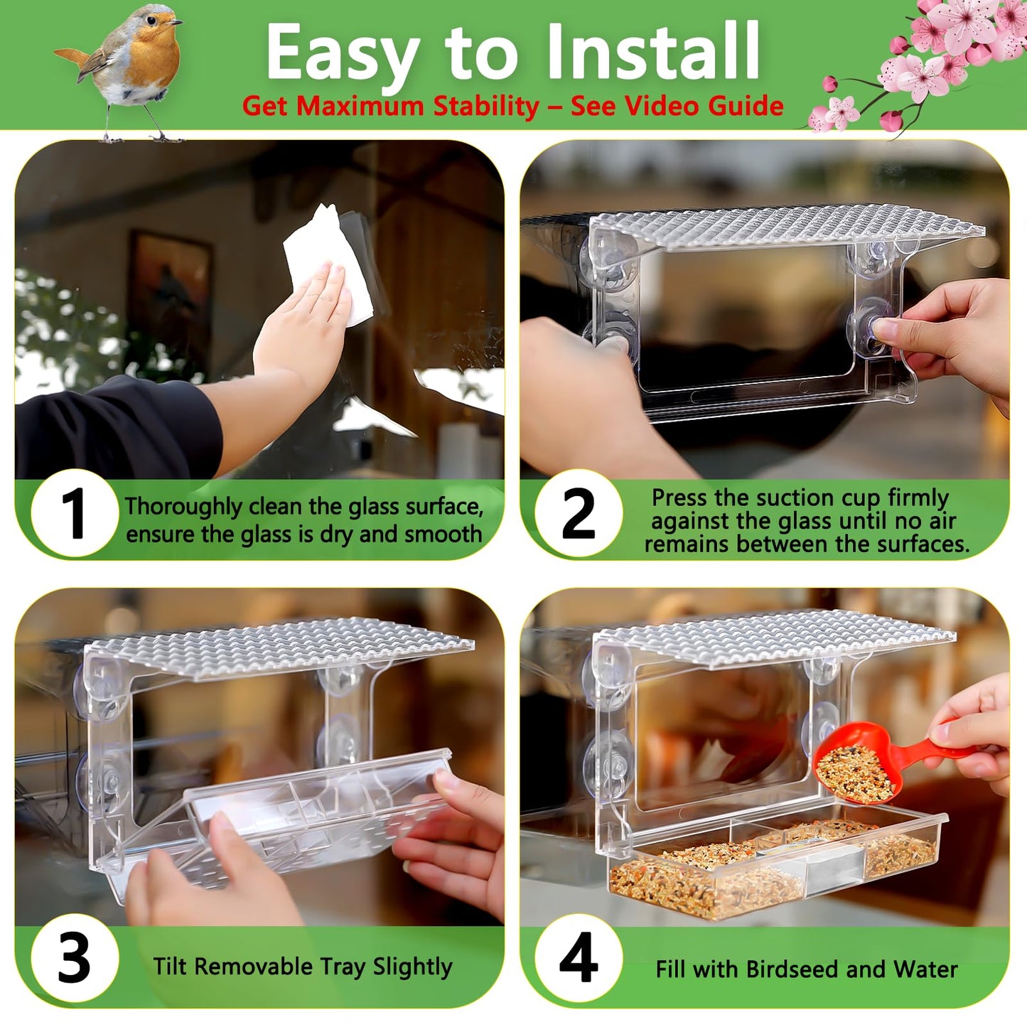Gbekery Window Bird Feeder for Outdoors with Strong Suction Cups, Acrylic Clear Window Bird Feeders for Viewing with Large Capacity Detachable Seed & Water Tray