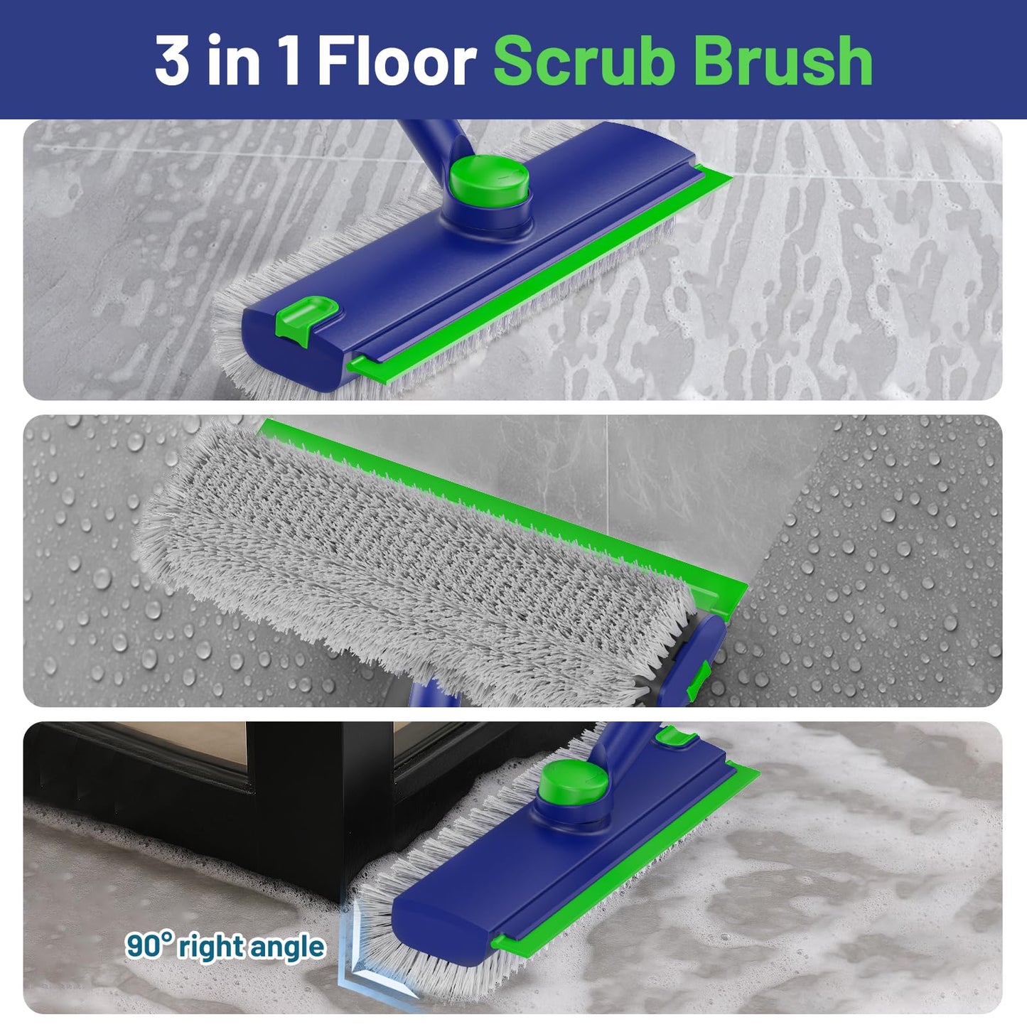 EHADOO Floor Scrub Brush with Long Handle: 3 in 1 Heavy-Duty Floor Scrubber Brush with Squeegee for Cleaning Tile Bathroom Deck Kitchen Patio - Blue
