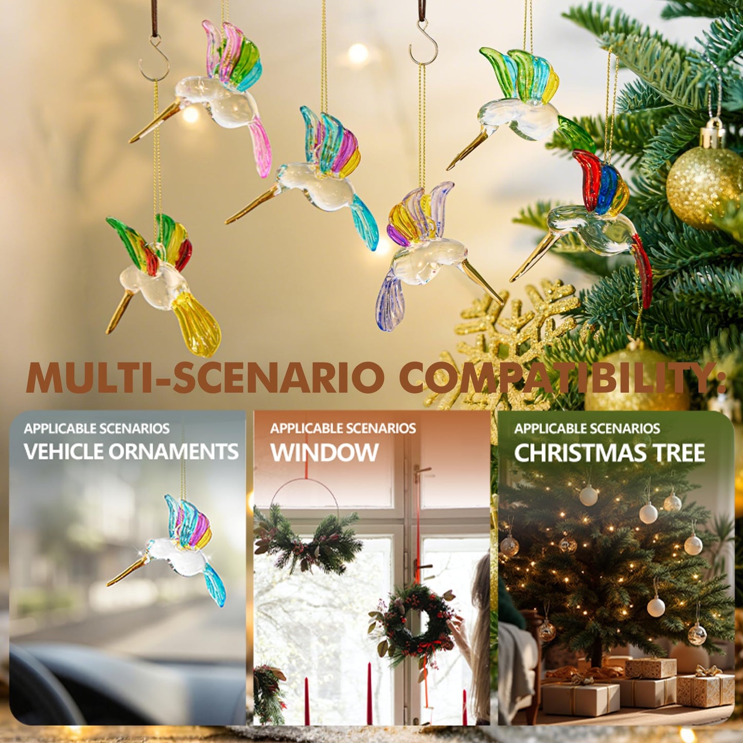 6Pcs Hand Blown Glass Hummingbird 1.3''*2.7'' Small Hanging Ornaments Crystal Humming Bird Figurines Collectible Decor for Home
