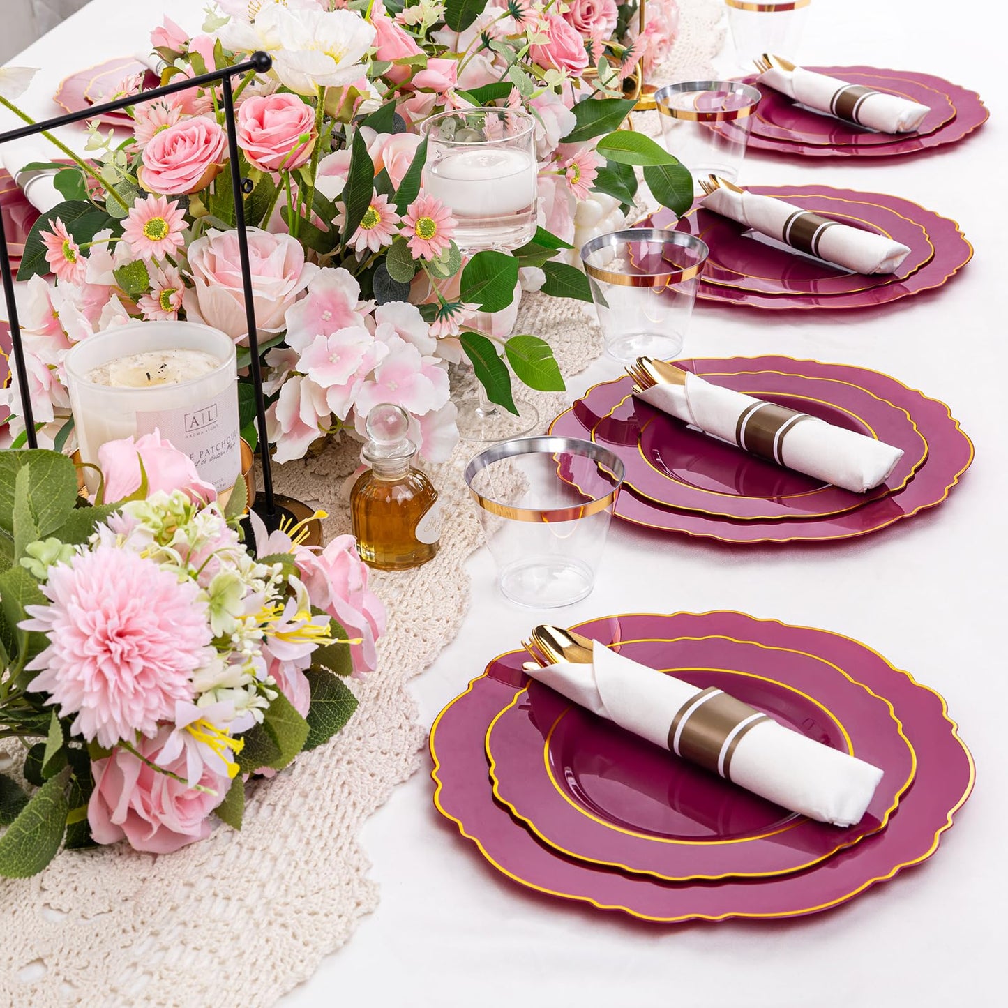 Liacere 350PCS Red Plastic Plates-Disposable Burgundy Red and Gold Plates 50guest Baroque Plastic Dinnerware include 100Plates, 50Pack Pre Rolled Napkins with Silverware 50Cups for Wedding&Mothers Day
