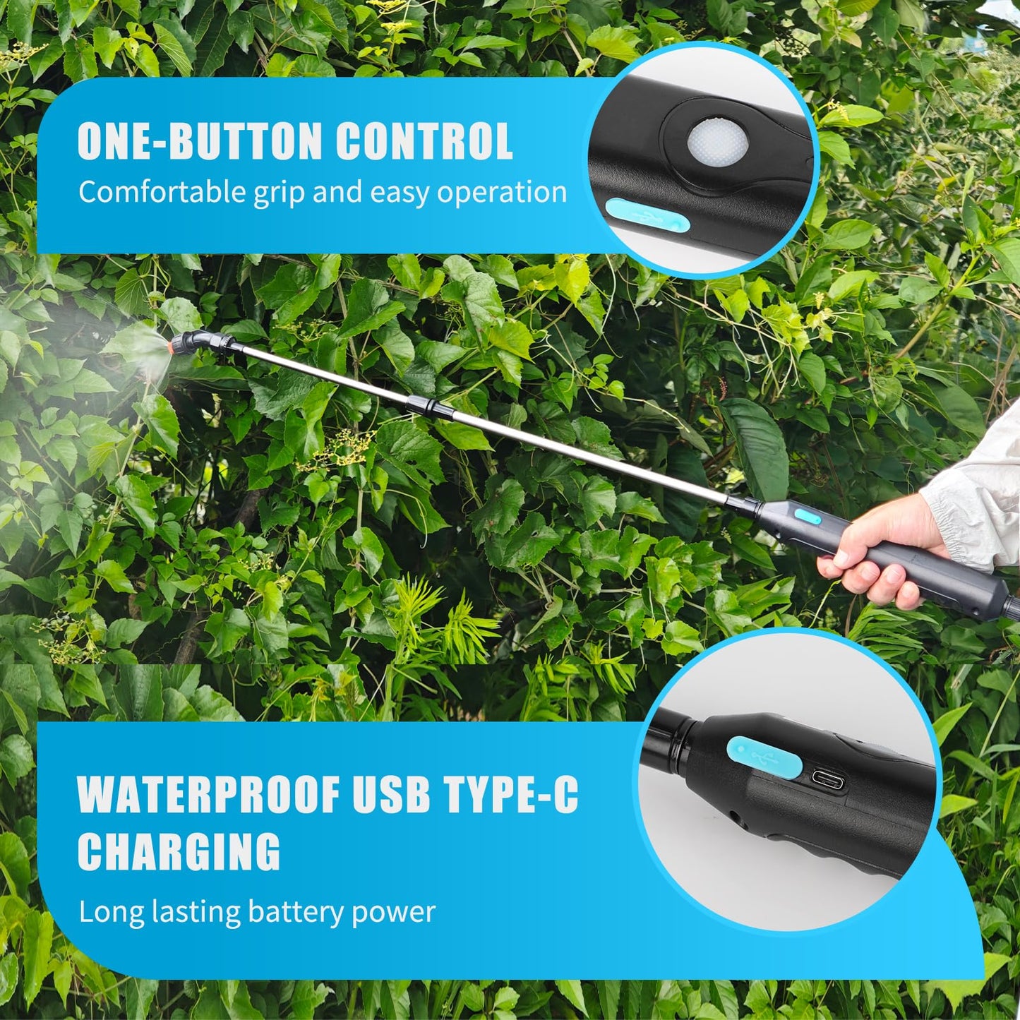 2 Gallon Battery Powered Sprayer, Electric Garden Sprayer, Pump Sprayer with 3 Mist Nozzles & USB Rechargeable Handle & Retractable Wand & Adjustable Strap for Lawn, Garden, Yard(Blue)