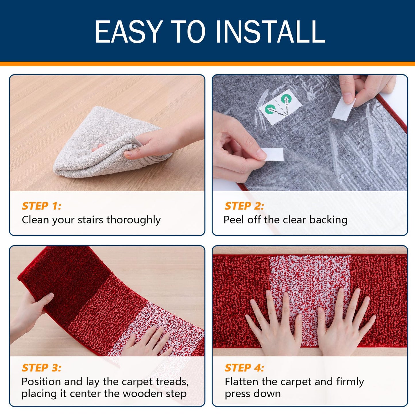 OLANLY Stair Treads Non Slip 15PCS, 8" x 30" Indoor Stair Runners for Wooden Steps, Edging Stair Rugs with Reusable Peel and Stick Adhesive for Kids Elders and Pets, Burgundy