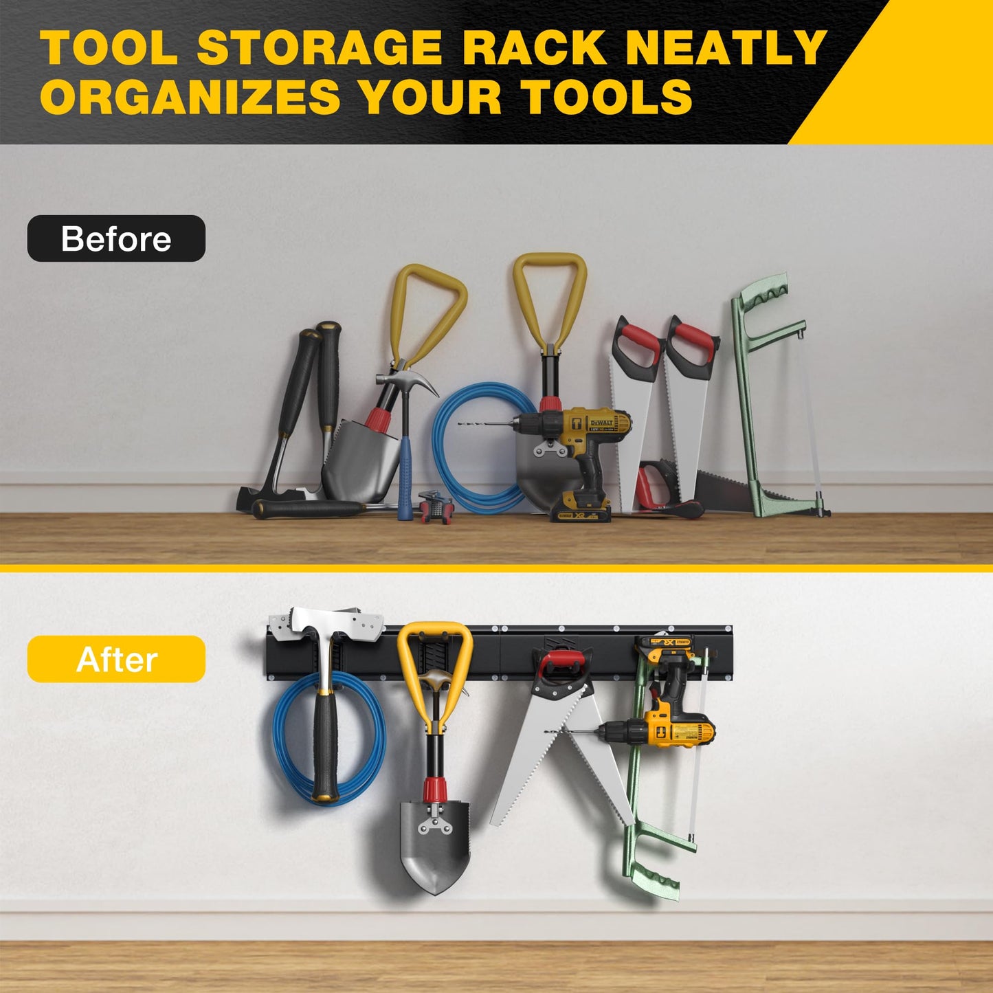 Garage Tool Organizer Wall Mount with 32 inches Rails and Adjustable Heavy-Duty Hooks, Garden Tool Organizer, Carries 300 lbs, Heavy Duty Garage Storage Rack For Yard, Shed, Workshop, Easy to Install