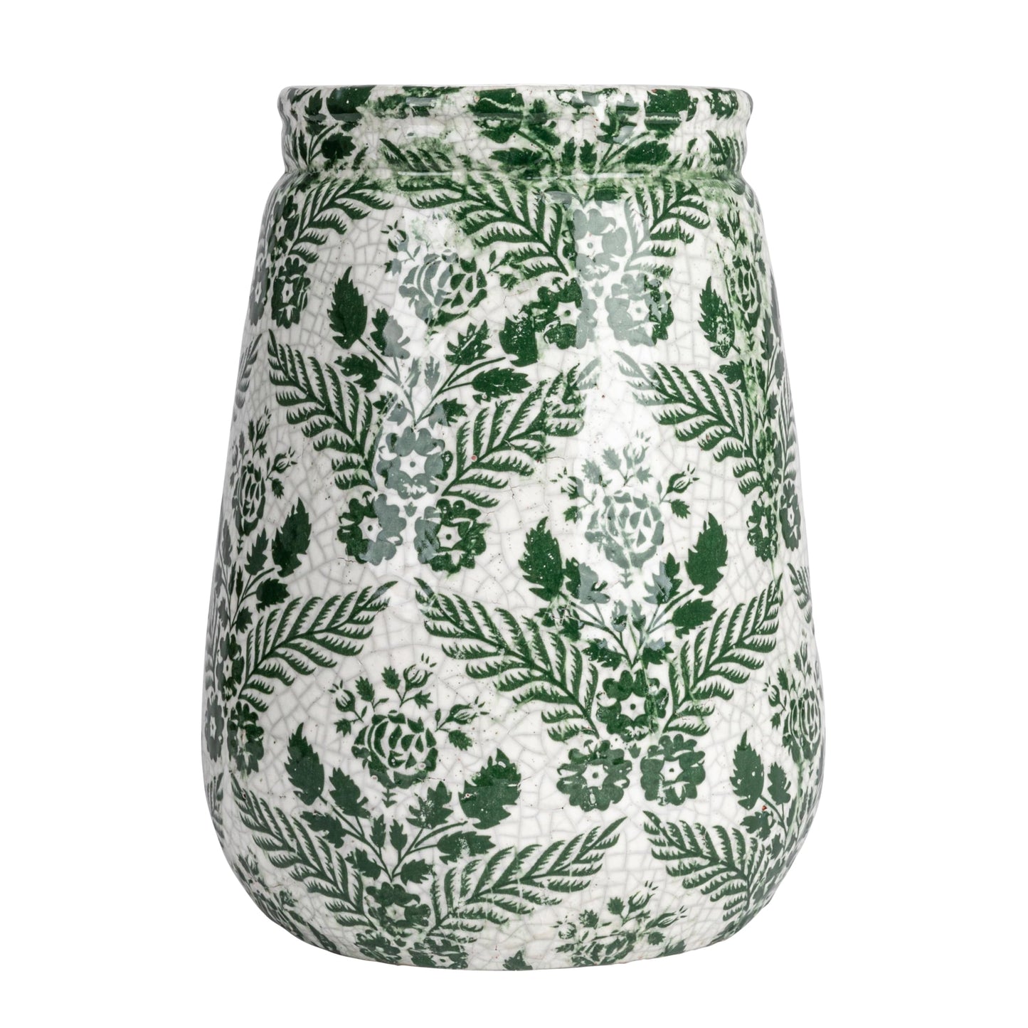 Creative Co-Op Terra-Cotta Planter Vase with Flower Pattern and Crackle Glaze, Green and White