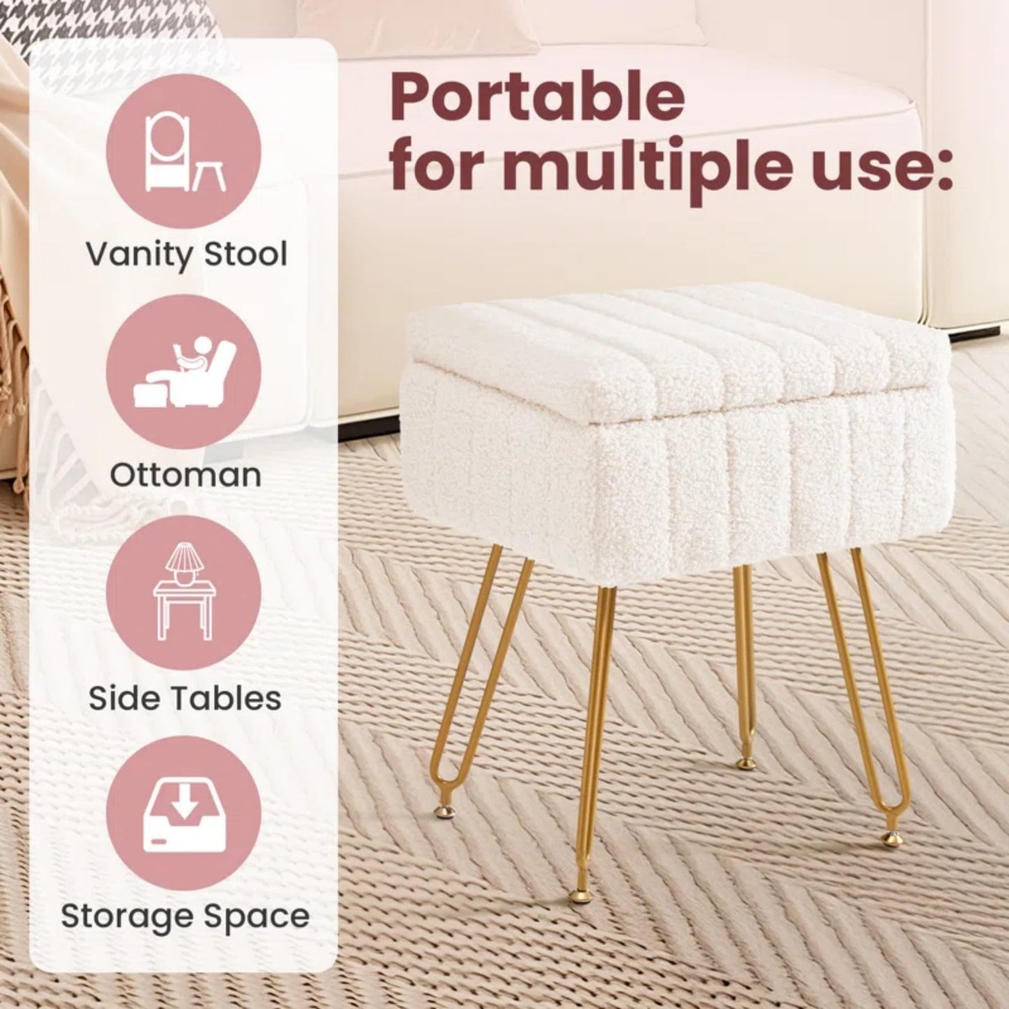 CLICKBIN 16" Teddy Fabric Storage Ottoman, Plush Vanity Stool with Hidden Storage for Bedroom, Living Room, Beige