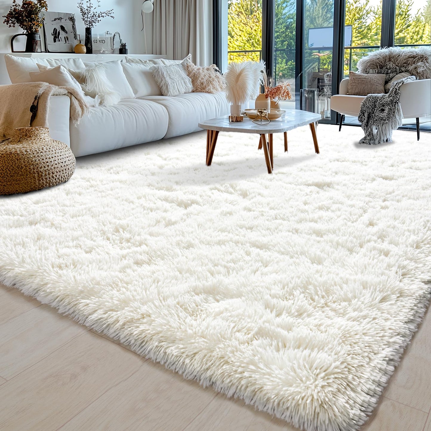 8x10 Area Rugs for Living Room, Ultra Soft Fluffy Large Shaggy Rug Carpet for Bedroom, Non-Slip Fuzzy Plush Rugs for Nursery Boys Girls Kids Room Modern Indoor Home Decor, Cream White