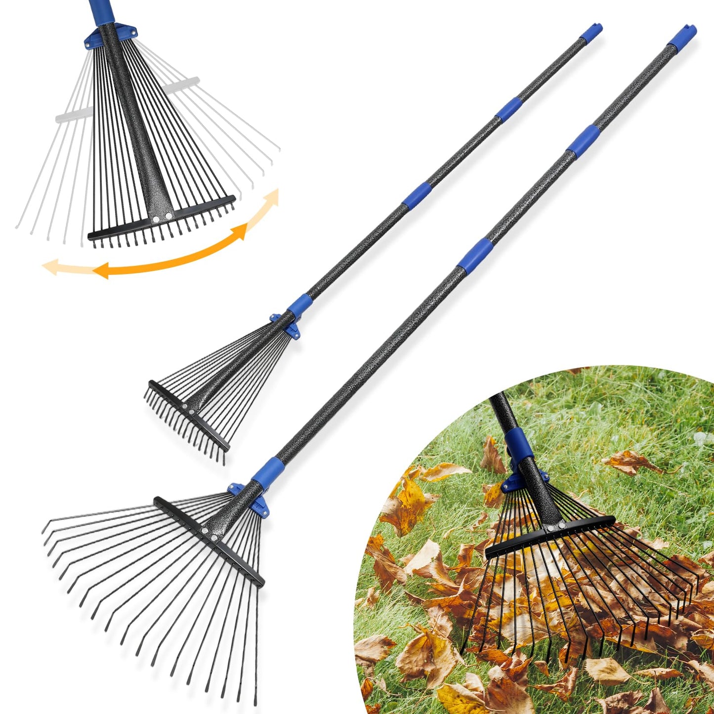 Adjustable Leaf Rake, Heavy Duty Metal Rake for Leaves, Long Handle 30"-75" with Expandable Head 8"-17", Collapsible Small Rakes for Lawns, Gardening, Yard, Camping, Shrub, Grass, Bush, Weed, Debris