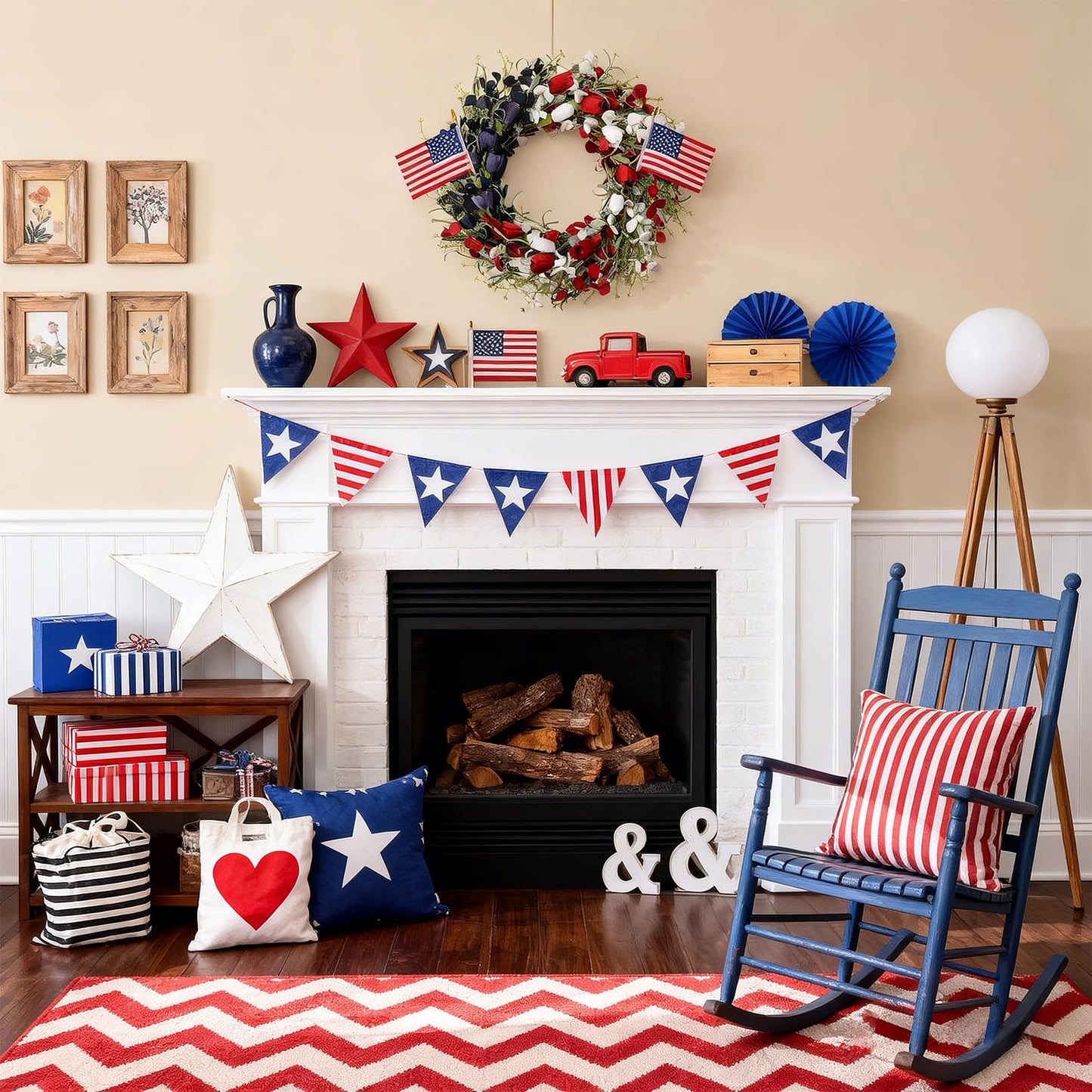 MAINGKAUNG Patriotic Wreath 22 Inch 4th of July Wreath Patriotic Wreaths for Front Door with Red White Blue Flag Tulip Eucalyptus Leaves for American Independence Day Memorial Day Flag Day Decor