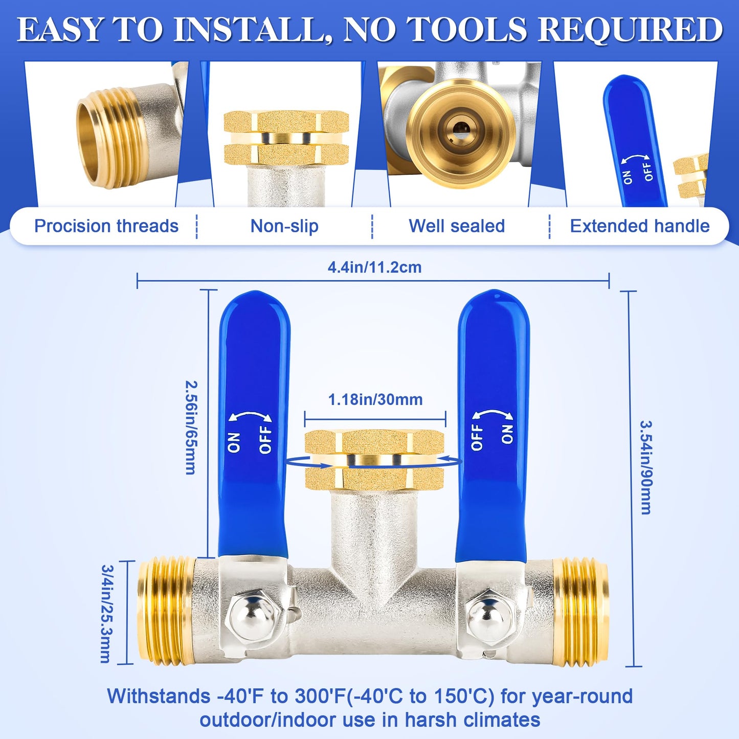 EJW 2 Way Faucet Splitter,Double Hose Connector,Garden Hose Splitters, Hose Splitter 2 Way, Two way Hose Bib Splitter, Water Spigot Splitter, RV Brass Hose Splitter, Hose Valve 3/4 Inch GHT Thread.