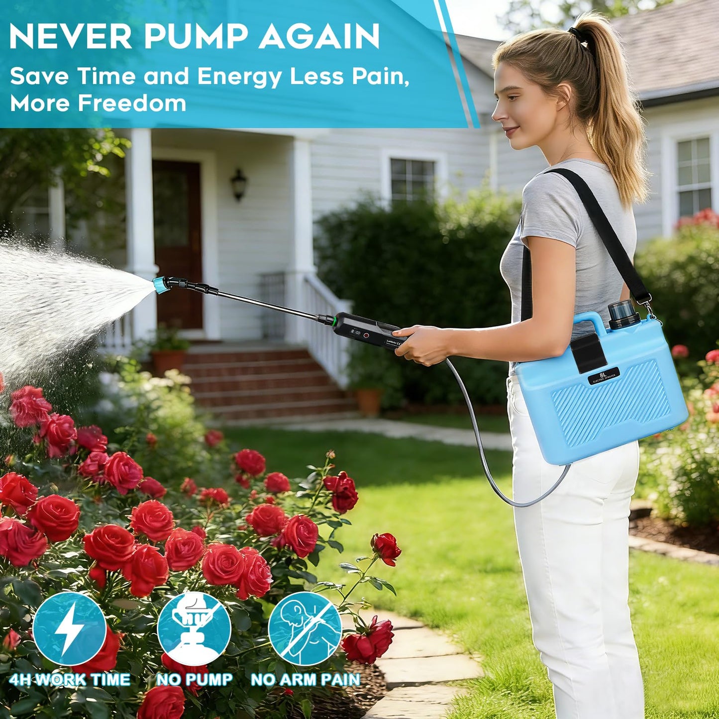 Battery Powered Sprayer 2 Gallon - Pump Sprayer Electric Garden Spray Weed Sprayer with 4 Nozzles Retractable Wand Adjustable Strap for Lawn and Yard Plant Care