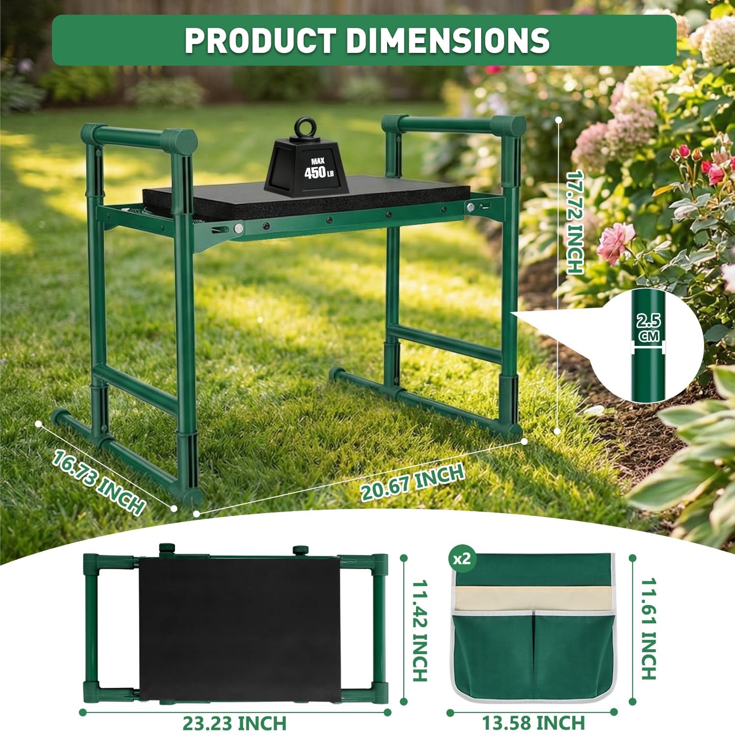 Garden Kneeler and Seat for Seniors – Heavy Duty Anti-Tip Gardening Stool with Widened Thick Soft Kneeling Pad, Foldable Garden Bench with Sturdy Handles, Gardening Gifts for Women Men Mom (Green)