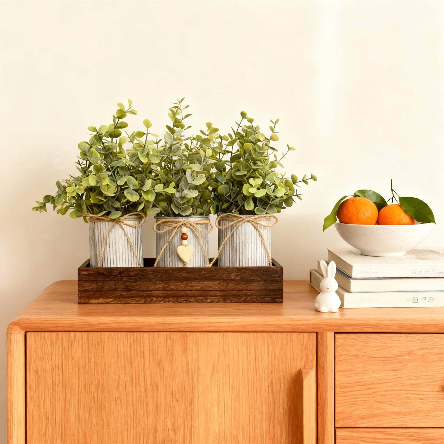 HEMYLU Artificial Flower Decorative Centerpiece, Frosty Green Eucalyptus Table Arrangement with 3 Rustic Metal Pots and Wood Tray for Farmhouse Home Décor