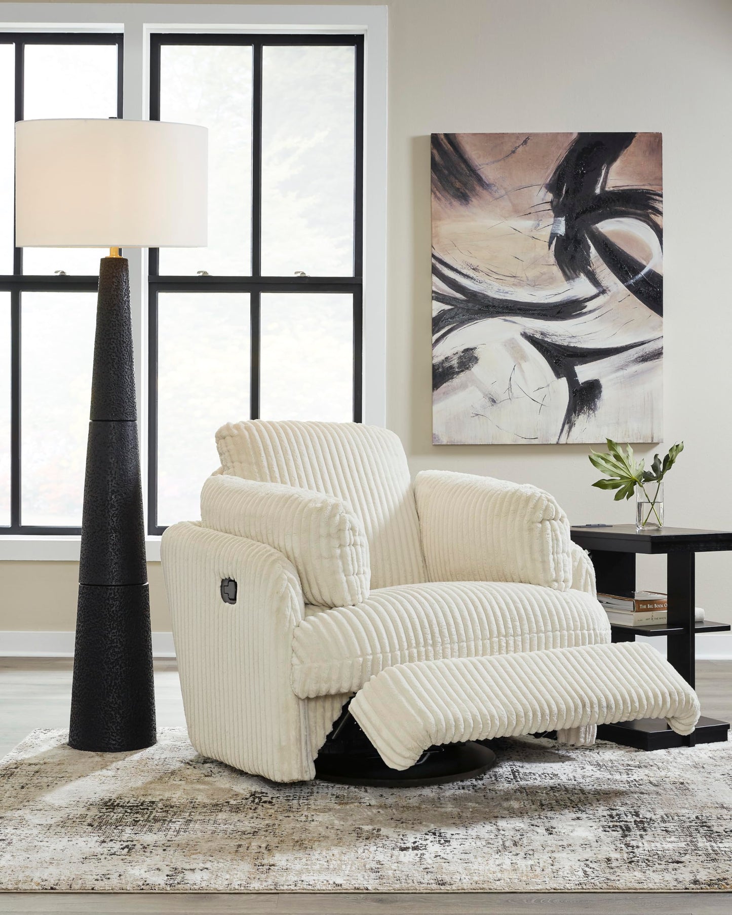 Signature Design by Ashley Tie-Breaker Cozy Contemporary Manual Press-Back Swivel Glider Rocker Recliner with 2 Bolster Pillows and Hidden Storage, White