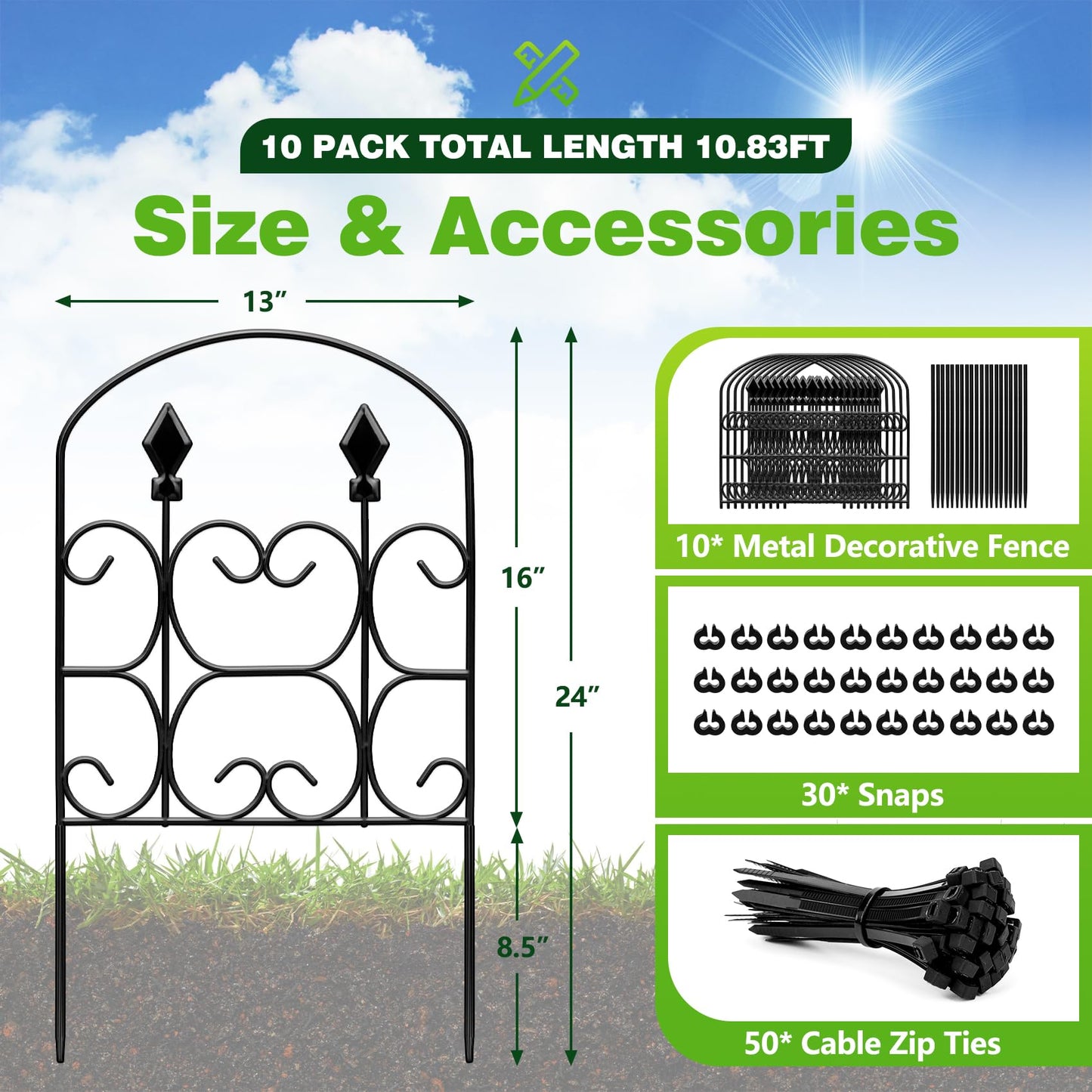 QIAOKAIYAN 24in(H) x 10.83ft(L) Decorative Garden Fence - Tall Garden Fence Animal Barrier 10 Pack Metal Fence Border Black No Dig Fence Panels Garden Fencing Border for Landscape Patio Yard Outdoor