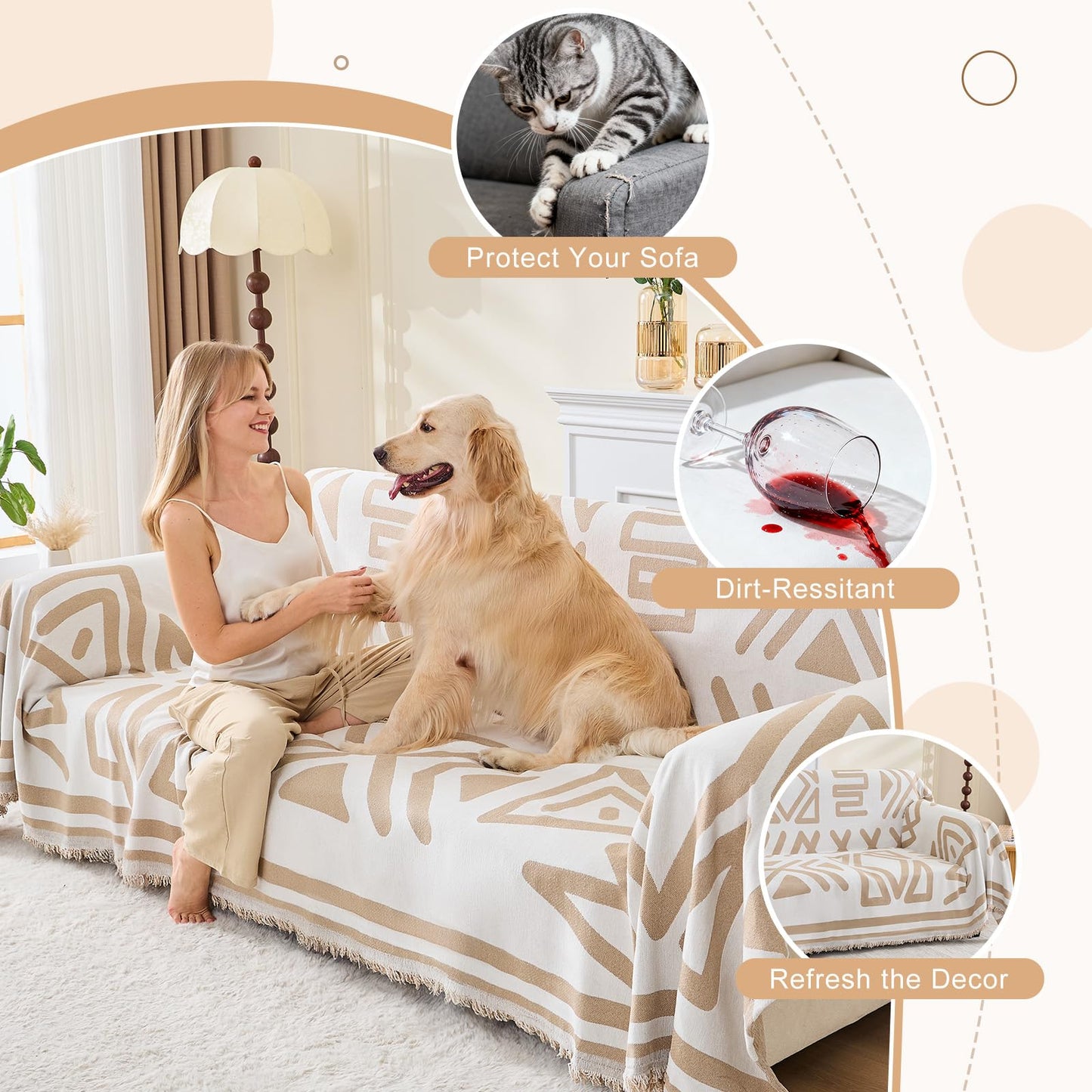 Taque Boho Couch Cover Sofa Covers for 2 Cushion Couch, Couch Covers Washable Blanket Sofa Covers, Chenille L Shape Sectional Couch Covers for Dogs, Sofa Blanket Cover for Living Room (Khaki)