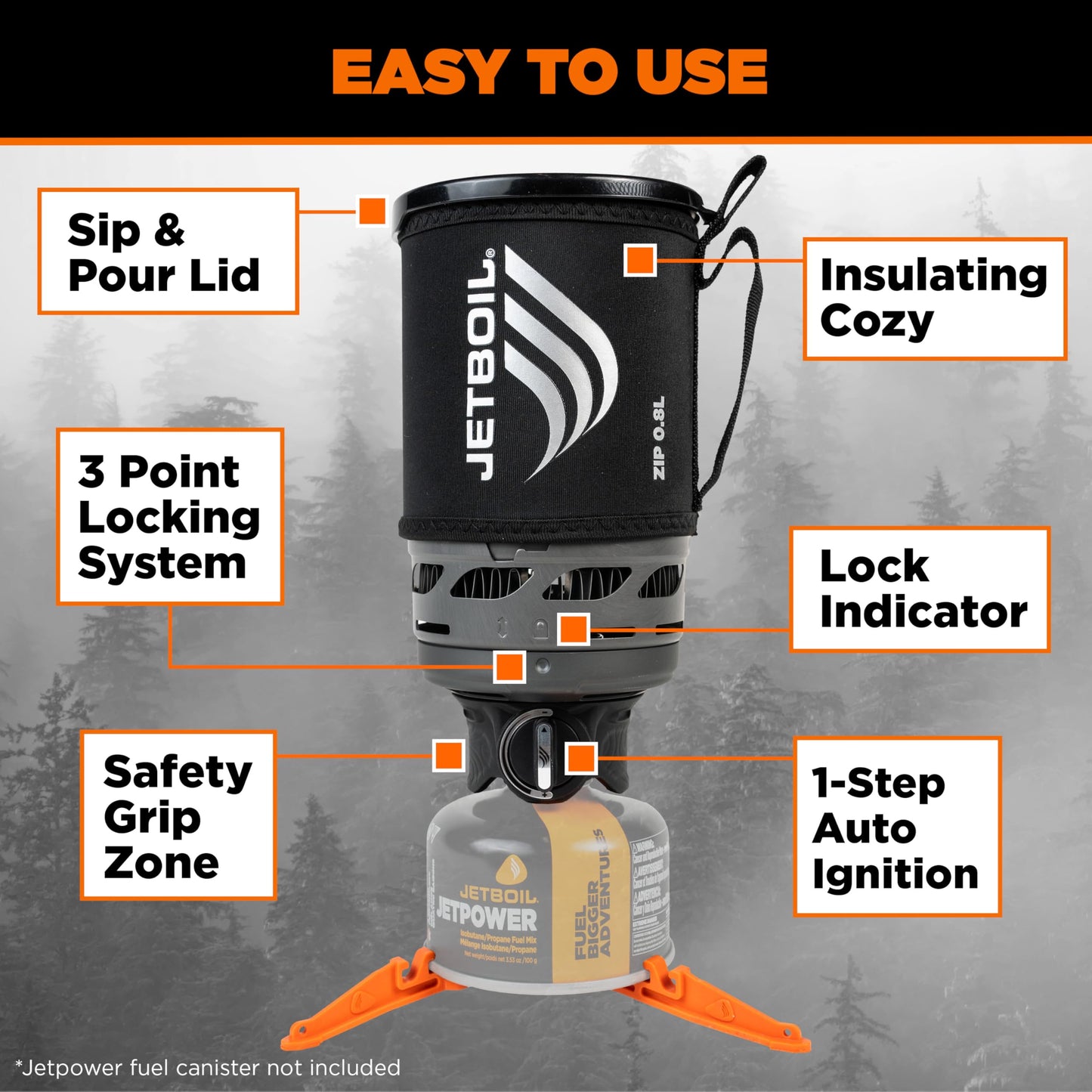 Jetboil Zip 0.8L Portable Fast Boil Stove with Easy-Turn Knob Igniter for Backpacking and Camping, Propane/Isobutane Burner with Cooking Cup, Carbon