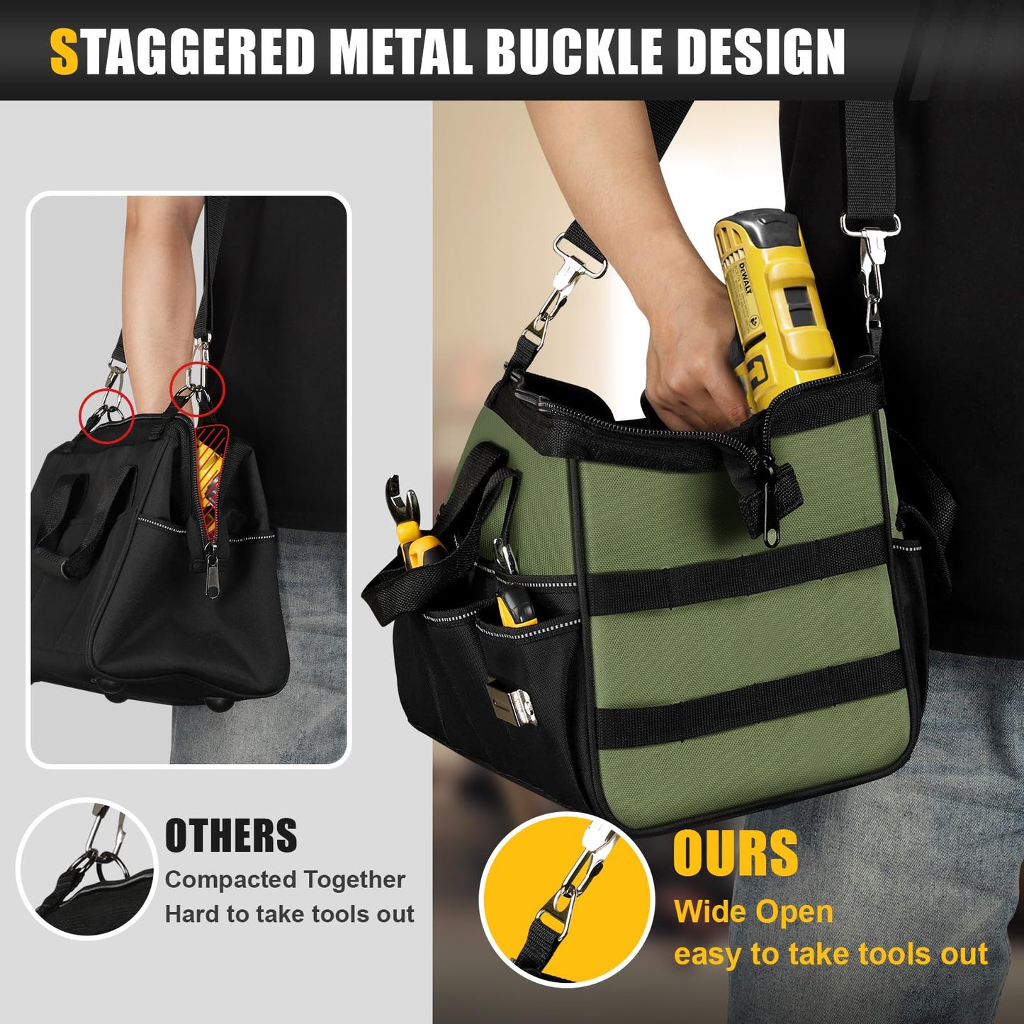 UUP Heavy Duty Tool Bag 15-Inch, 16-Pocket Portable Empty Tool Box Organizer, Big Storage Toolbox Organization, Soft Handle Large Zipper Carrying Toolbag, Father Day Gifts for Him Dad Men, Green