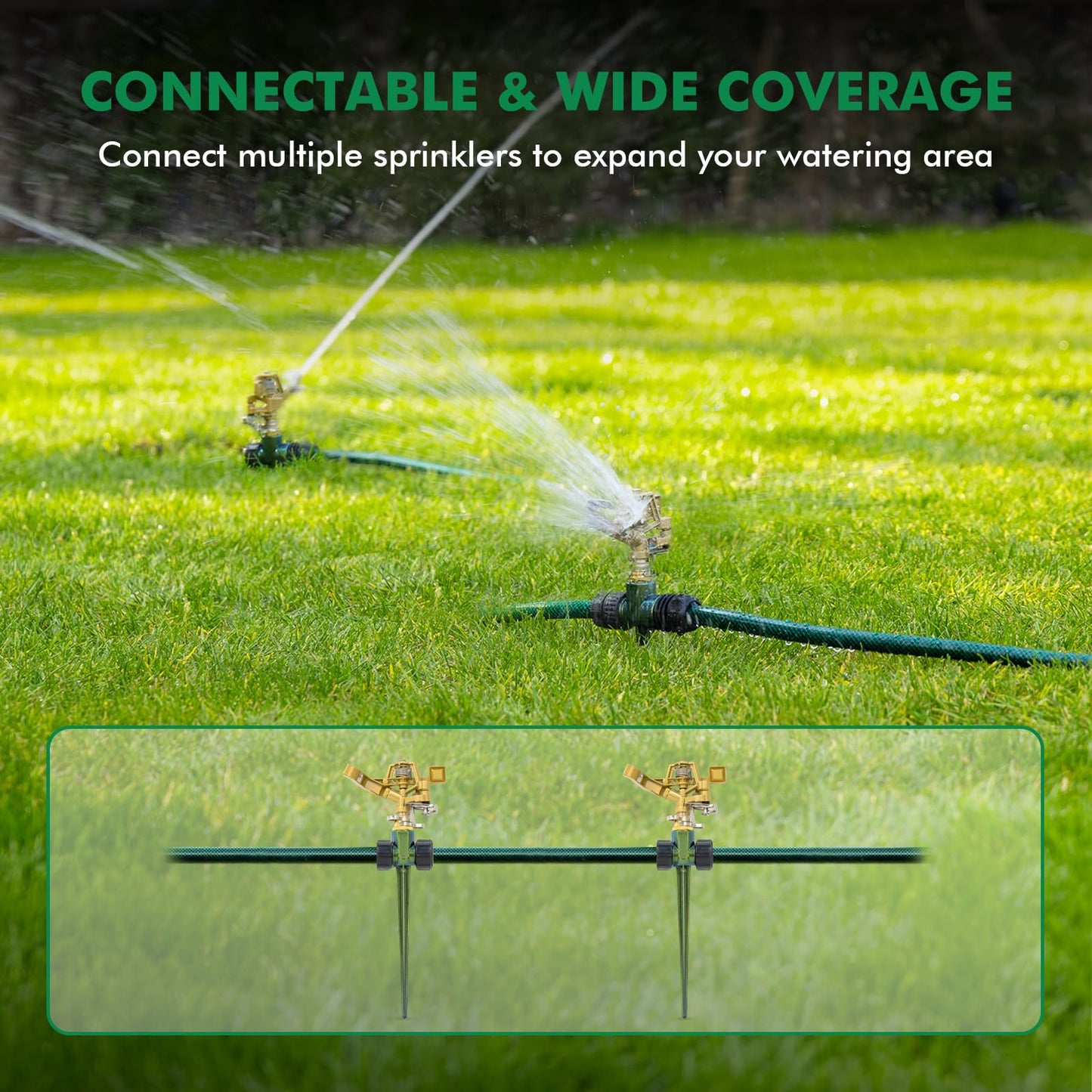 RESTMO 2 Pack Heavy Duty All-Metal Impact Sprinkler, Zinc Alloy Lawn Sprinkler Head on Sturdy Spike Base, 360° Adjustable Coverage Nozzle for Large Area Irrigation