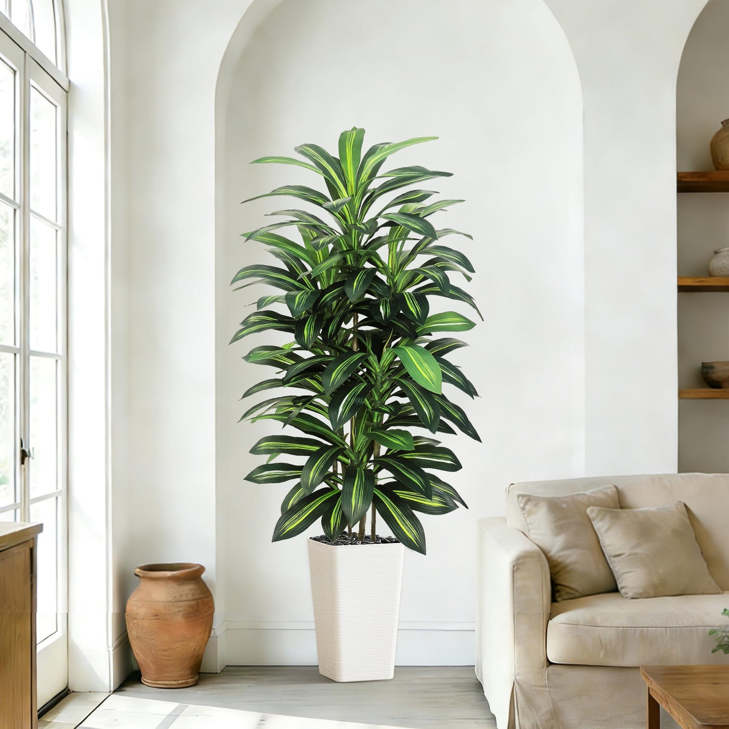 Artifical Dracaena Tree Indoor, 5FT Tall Fake Floor Plants with White Planter, Fuax Silk Yucca Tree for Home Office Living Room Bedroom Farmhouse Modern Outdoor Topiary Tree