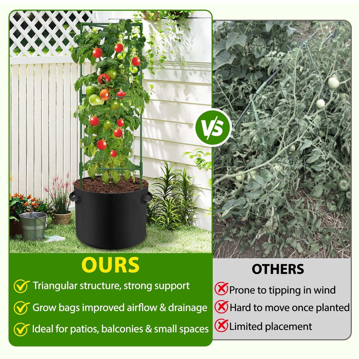 Suntee 2 Pack 48" Large Artificial Ferns, 3 Pack Tomato Cage with 10 Gallon Grow Bags