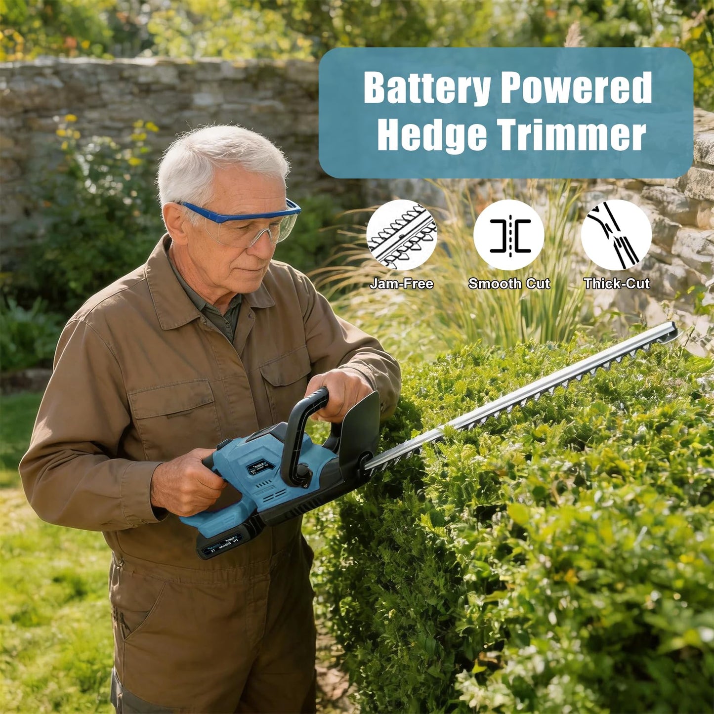 22'' Hedge Trimmer Cordless, Electric Handheld Bush Clipper with 180° Rotatable Handle, LCD Display, Brushless Motor, Battery Powered Bush Trimmer for Yard, Garden, 2 * 2.0 Batteries & Charger, Blue