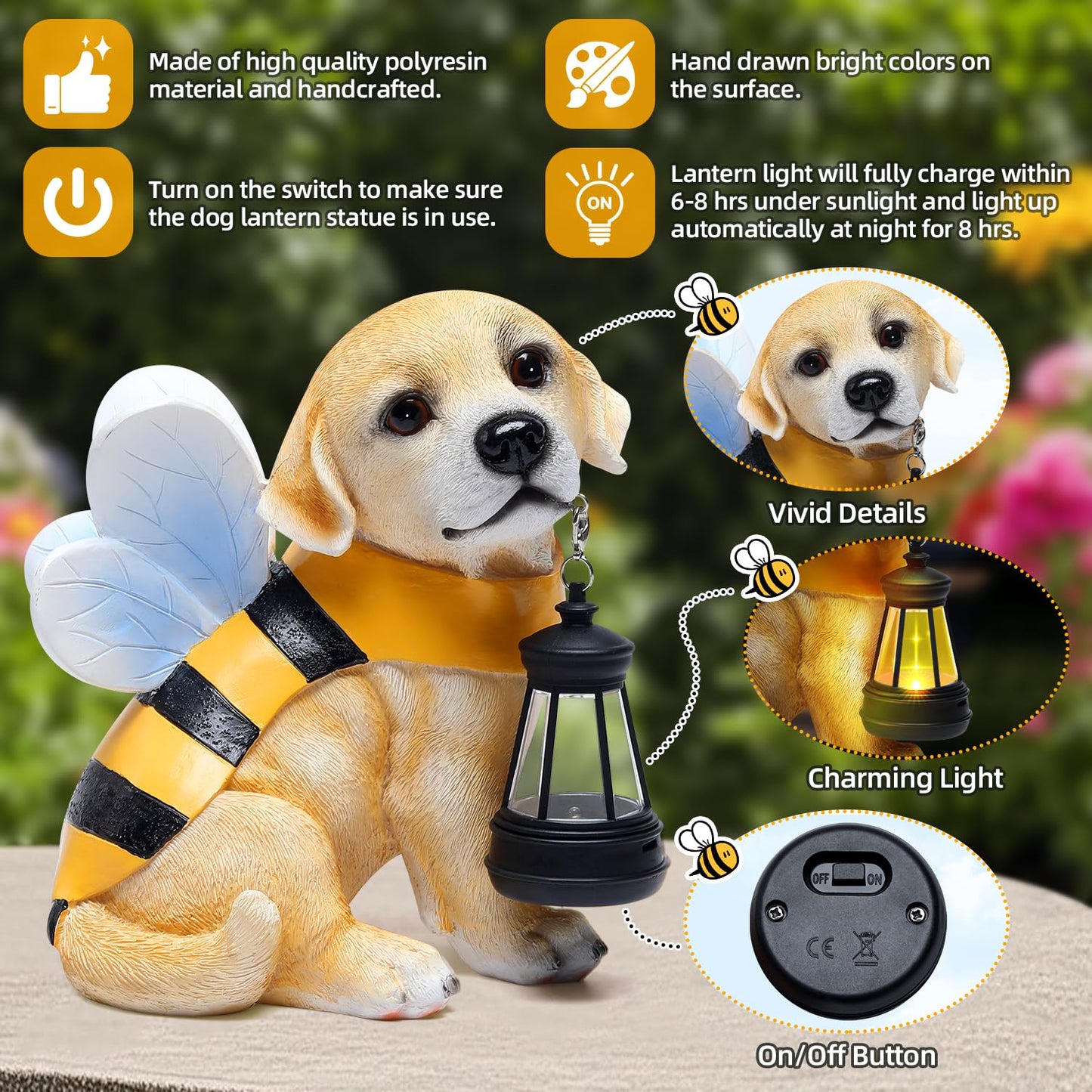 Aclema Solar Garden Statue - Honeybee Dog Figurine with LED Lantern, Resin Outdoor Decor for Patio, Lawn & Yard, Garden Art, Ideal Gift for Mom, Grandma, Housewarming