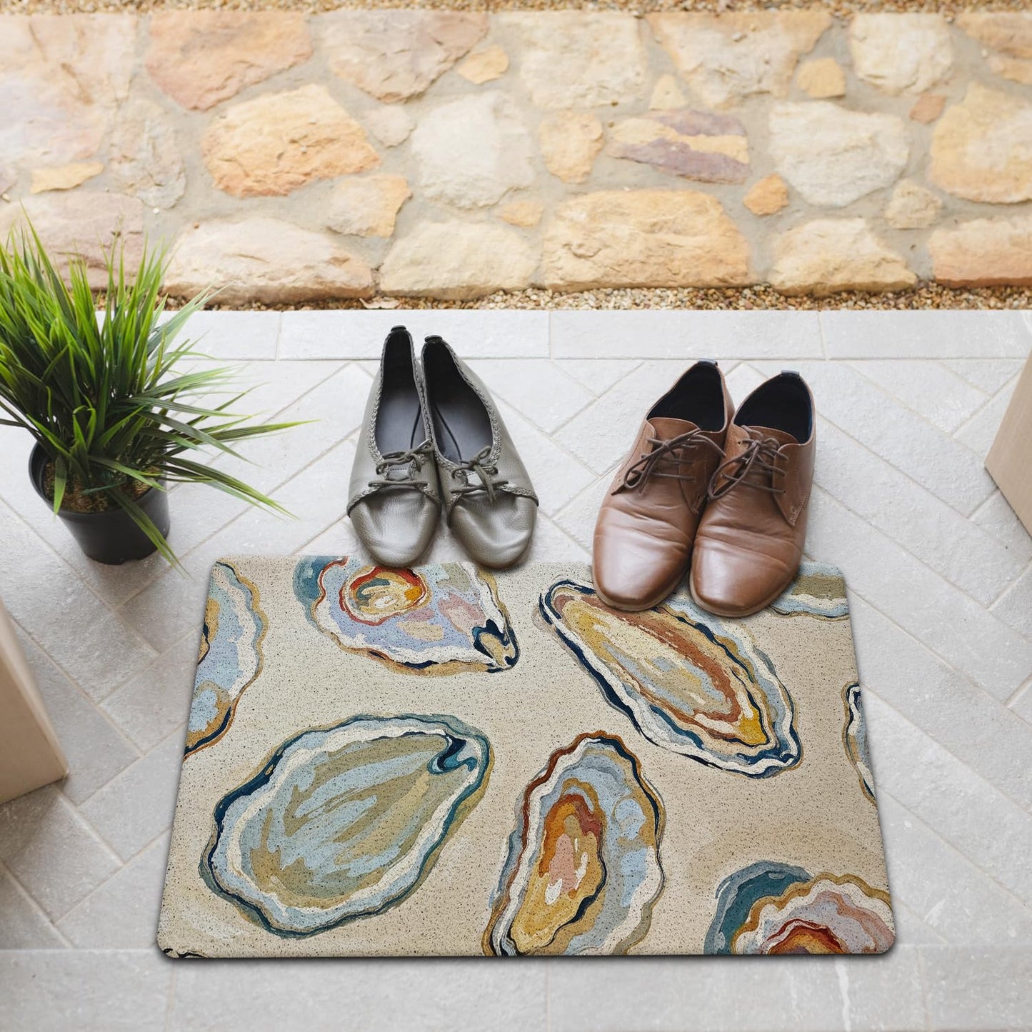 JINYO Coastal Beach Door Mat, Oyster Door Mat Indoor Outdoor Entrance Entryway Porch, Ocean Coastal Nautical Bath Mats for Bathroom, Beachy Welcome Mats, 17x30 Inch