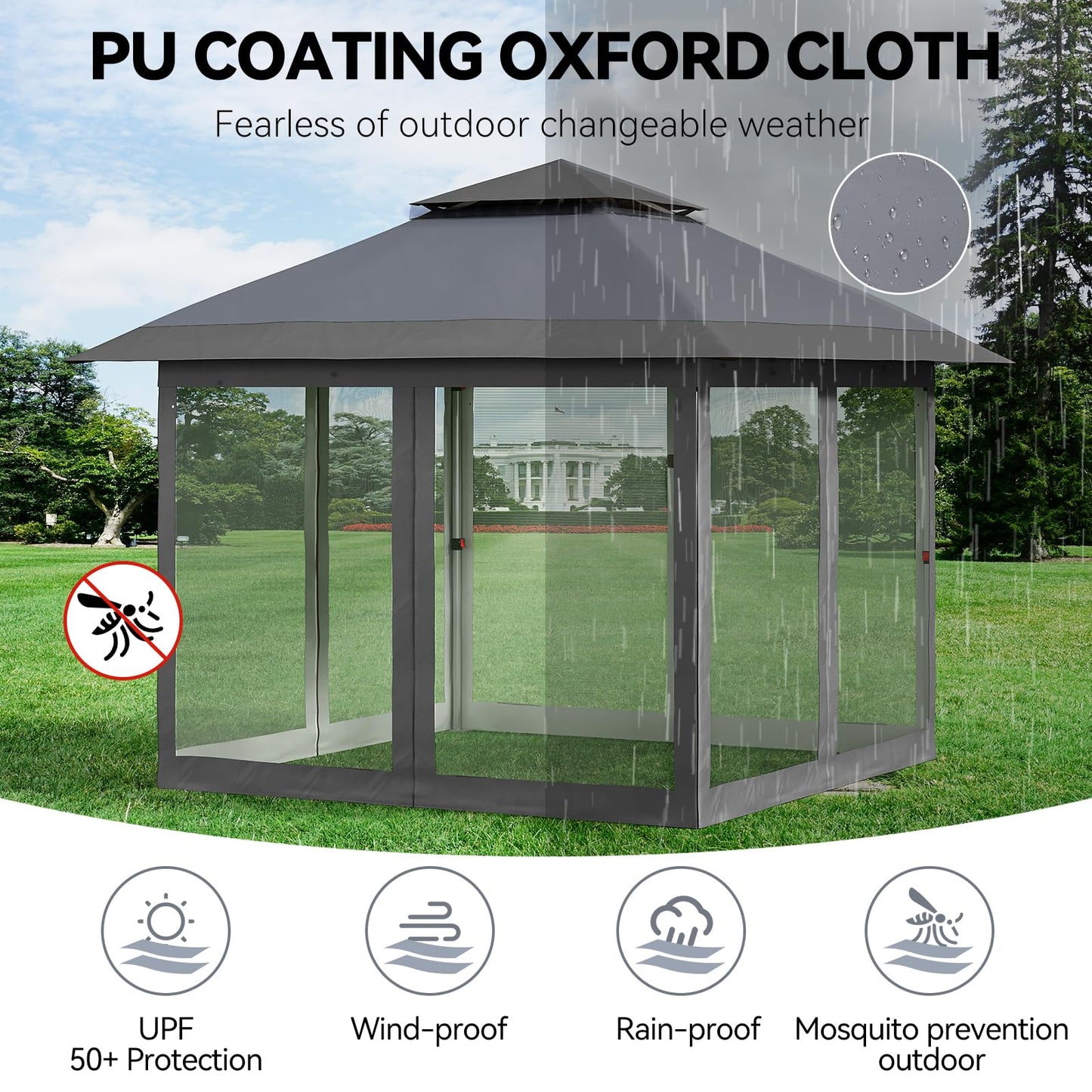 Garvee 11'x11' Gazebo Canopy Tent with Curtains, Pop Up Outdoor Shelter with Mosquito Netting for Patio, Backyard Party, 2-Tiered Vented Top, 121 Square Feet of Shade, Gray