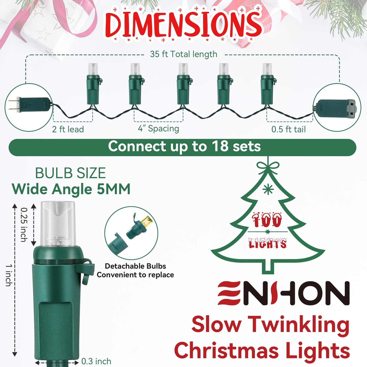 Enhon Slow Twinkling Christmas Light, 100 Lights 35 Ft Twinkle Pulsing Christmas, 5mm LED Wide Angle Soft Random Shimmering Set with Green Wire(Warm White,1 Pack)