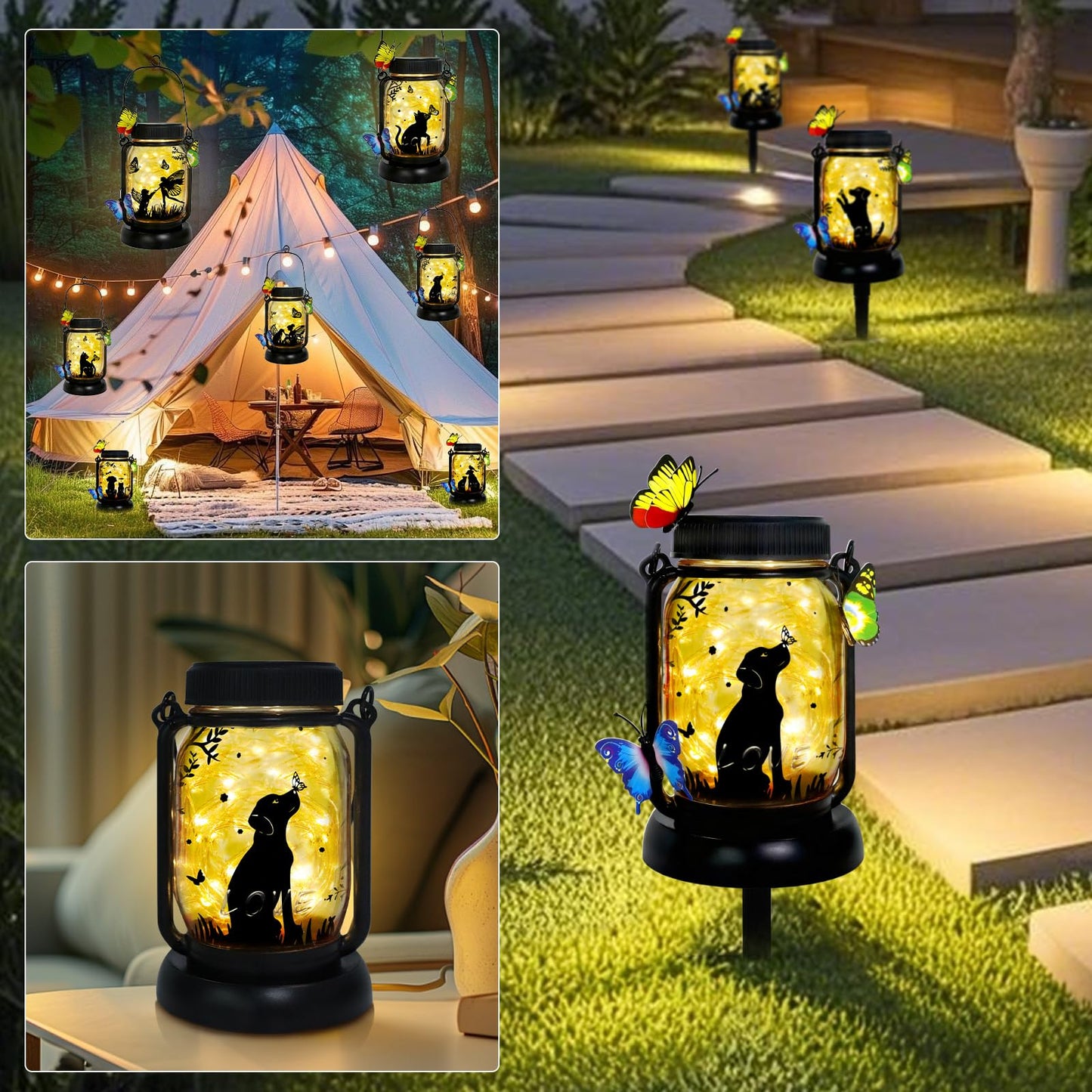 Dog Solar Lanterns Outdoor Garden Solar Dog Lights Dog & Cat Lover Gifts for Women Mom Grandma, Butterfly Fairy Lights Waterproof Hanging Mason Jar Lamps (Dog Kiss Butterfly)