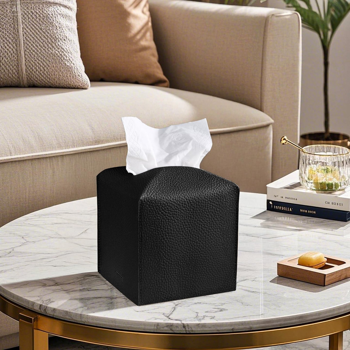 LIVESO Tissue Box Cover, 2 Pack Black & White Square PU Leather Tissue Box Holder Decrative Tissue Cube Organizer for Tabletop, Bathroom, Car, Office
