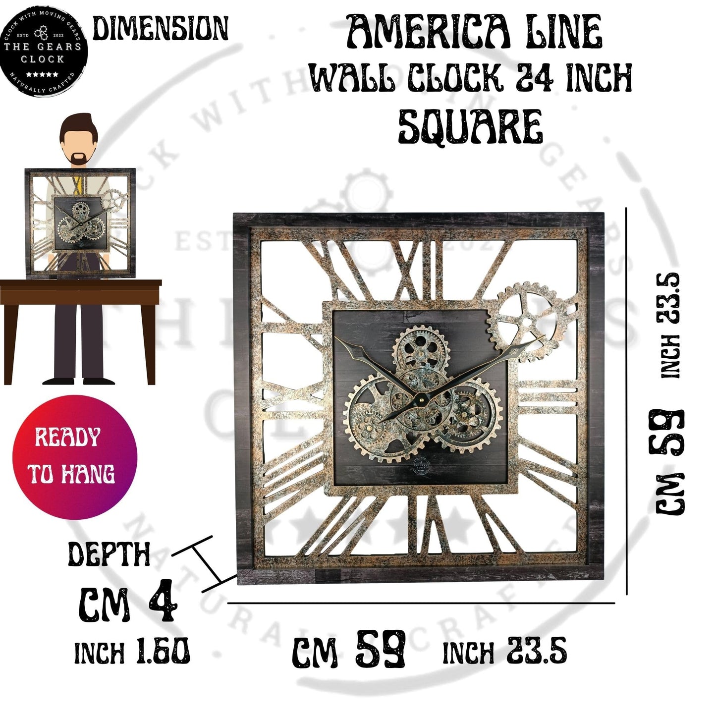 ImprovingLife The Gears Clock 24'' Inch Square Real Moving Gear Wall Clock Vintage Industrial Oversized Rustic Farmhouse (Aqua Green)